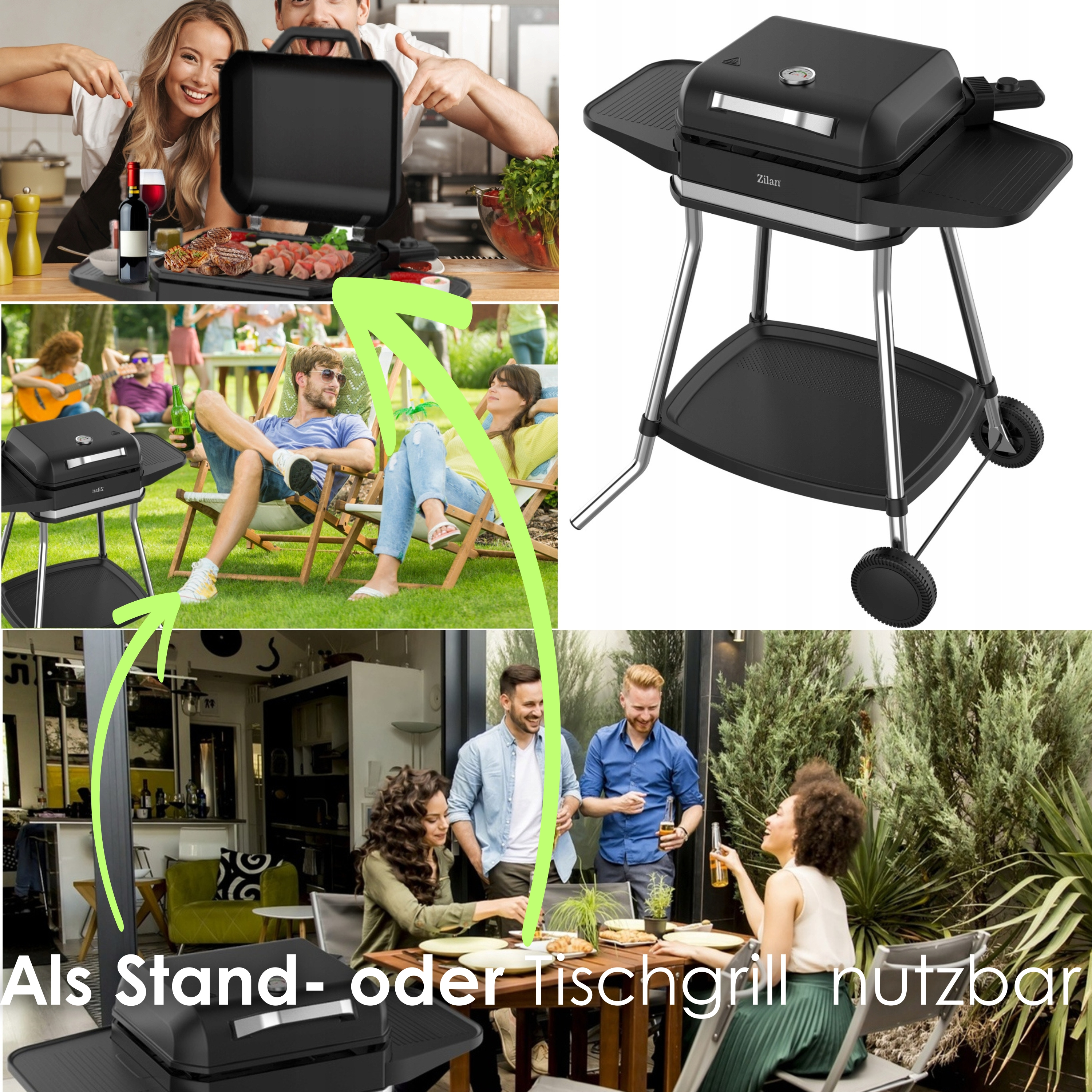 Grill do użytku wewnątrz lub na zewnątrz, jako grill stojący lub stołowy.