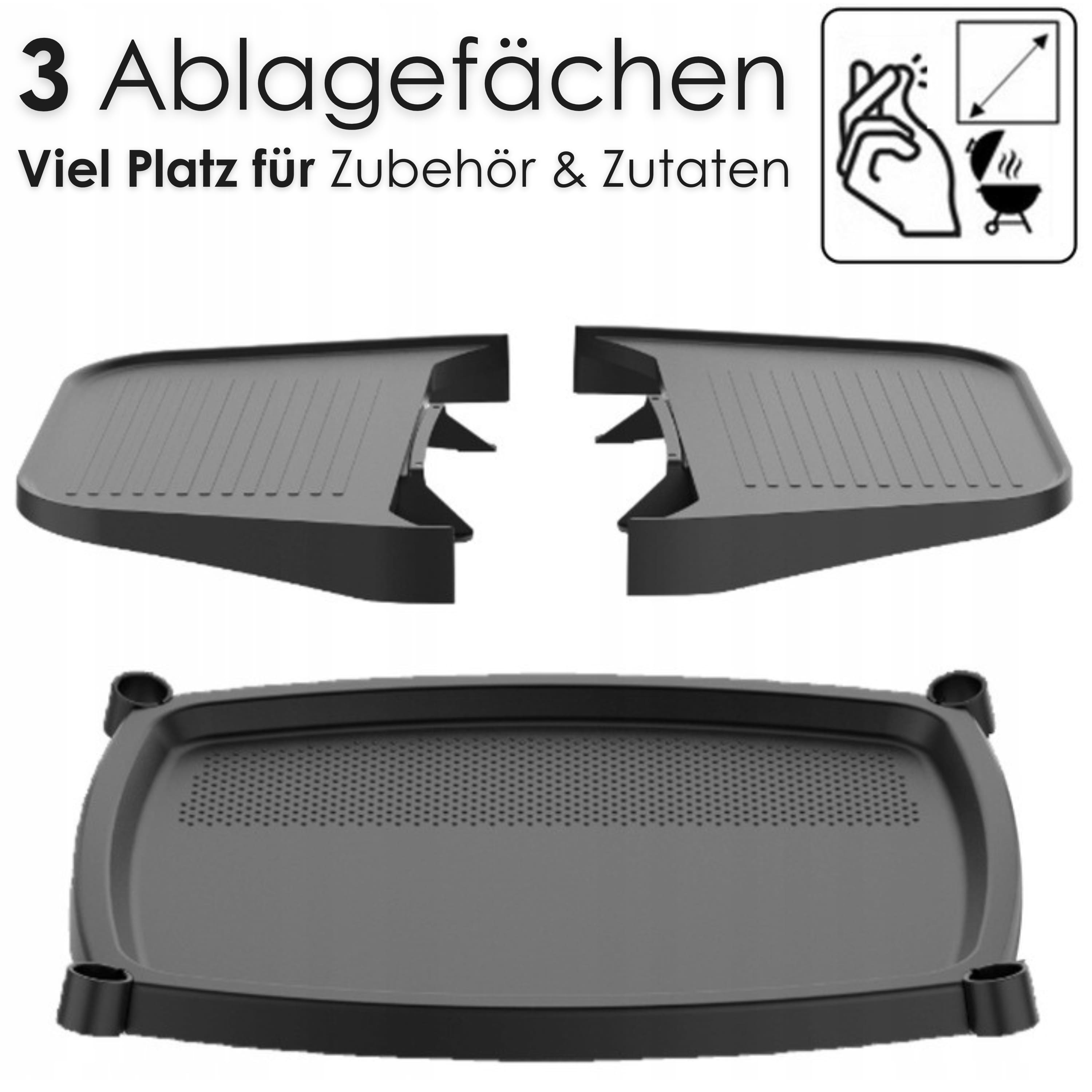 Trzy czarne półki z rowkami i otworami, akcesoria do grilla.