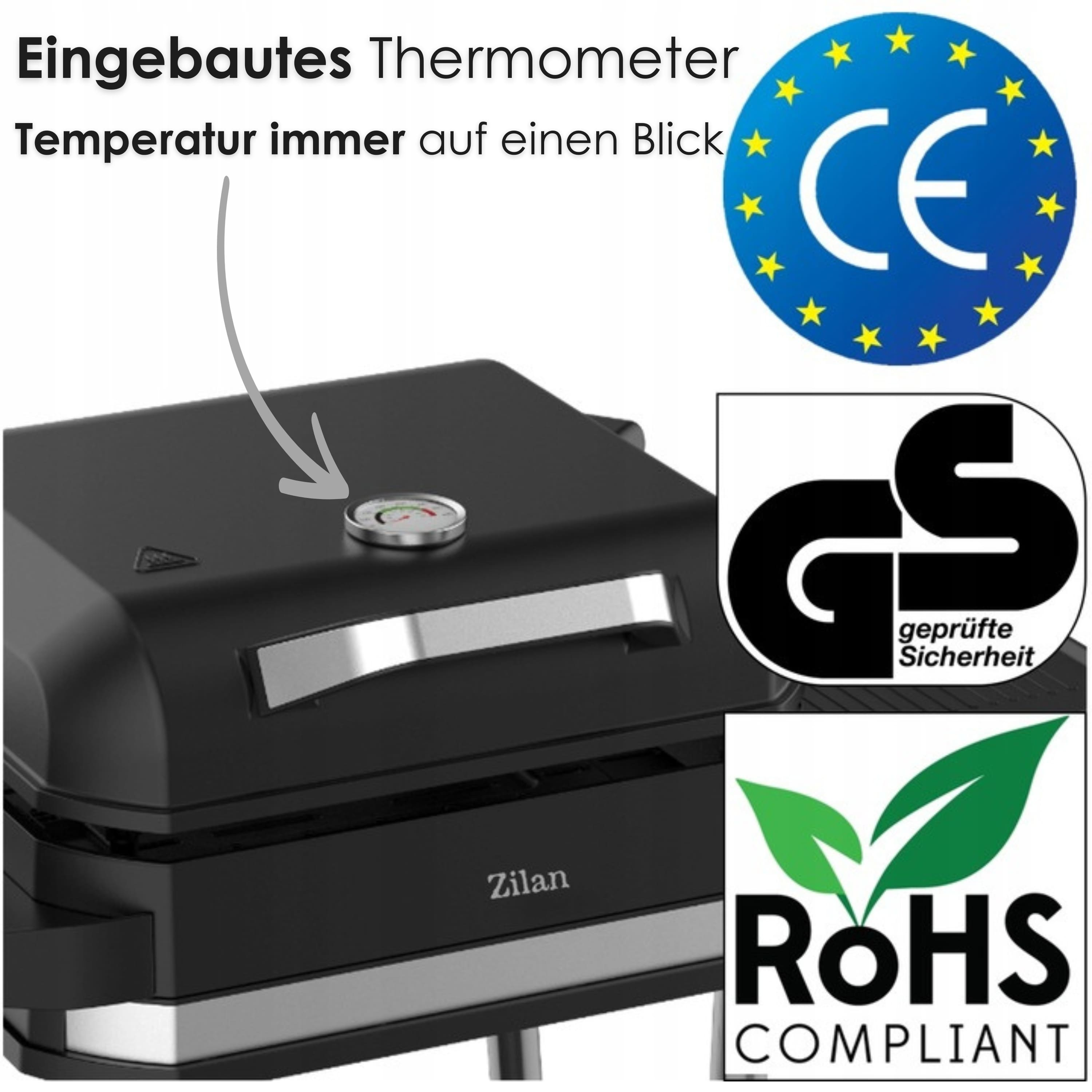 Czarny grill kontaktowy z wbudowanym termometrem i pieczęciami.