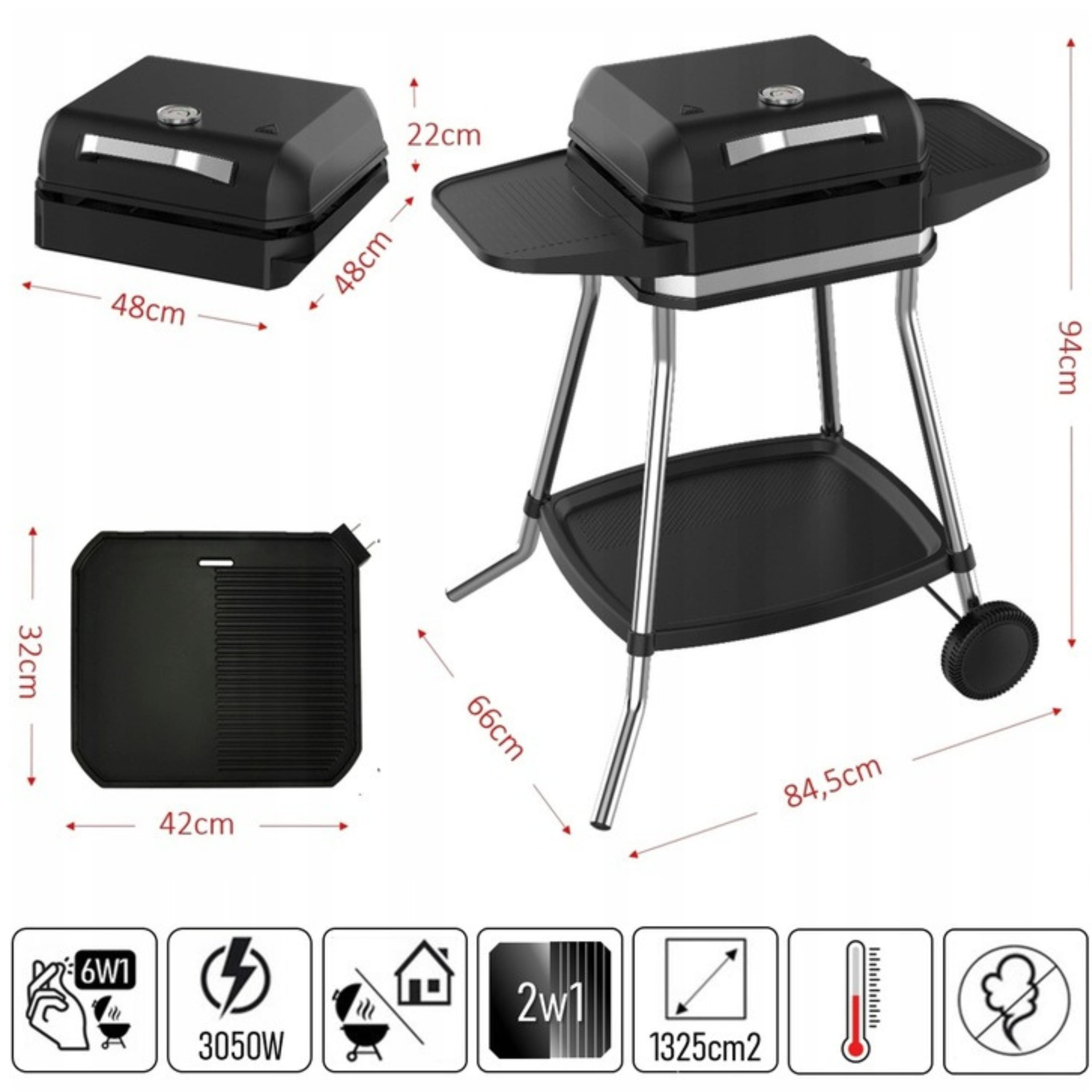 Czarny grill z wymiarami i akcesoriami.