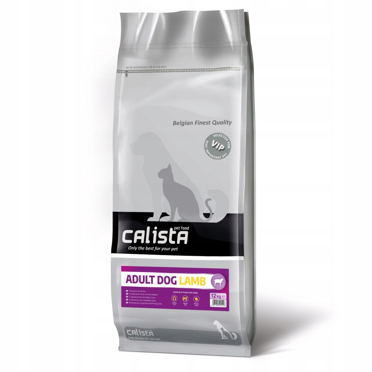Biała torba karmy dla psów z logo Calista, smak jagnięcy, 12 kg.