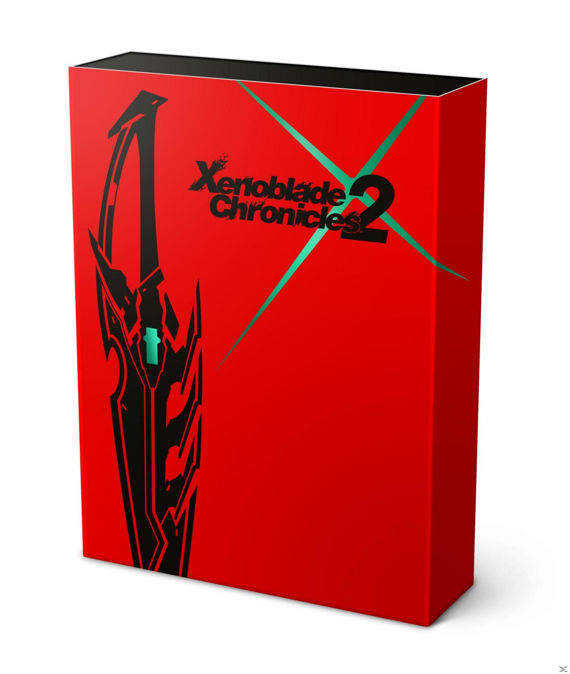 Rote Xenoblade Chronicles 2 Box mit schwarzem Schwert-Symbol und grünen Linien.
