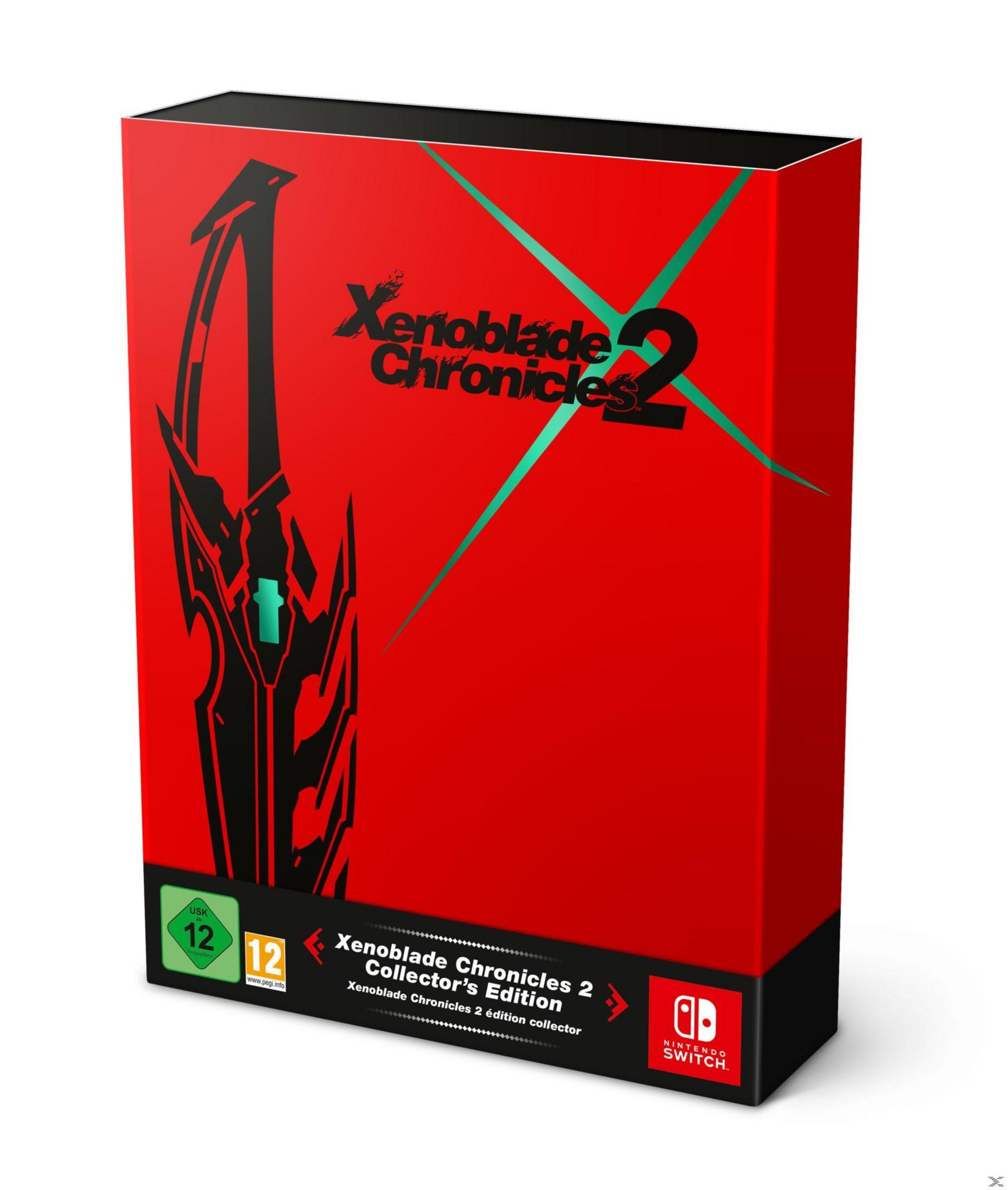 Rote Xenoblade Chronicles 2 Collector's Edition Box mit schwarzem Schwertdesign und Logos.