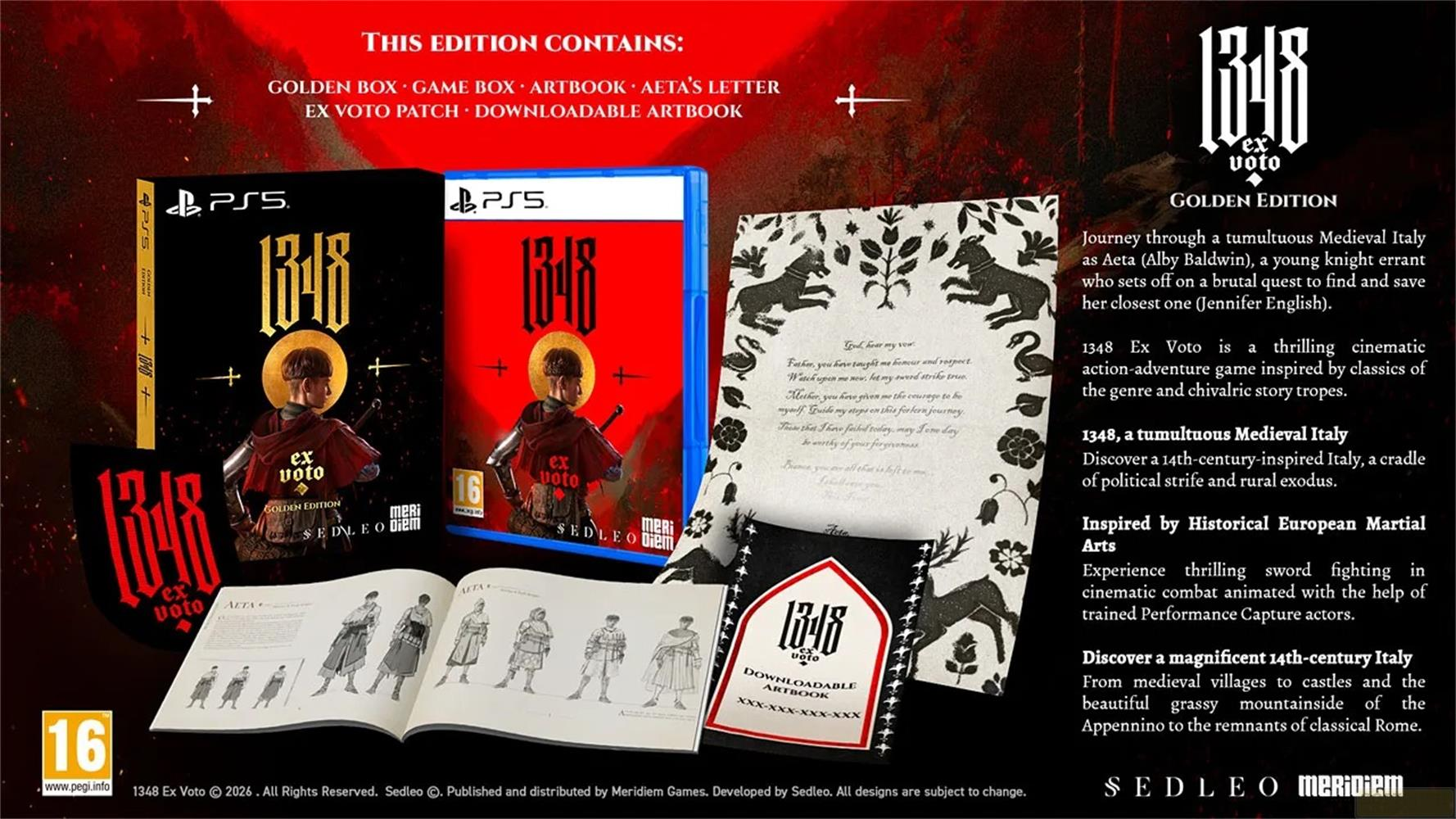 PS5-Spielverpackungen, Artbook und Brief in mittelalterlichem Stil mit Ritterabbildungen.
