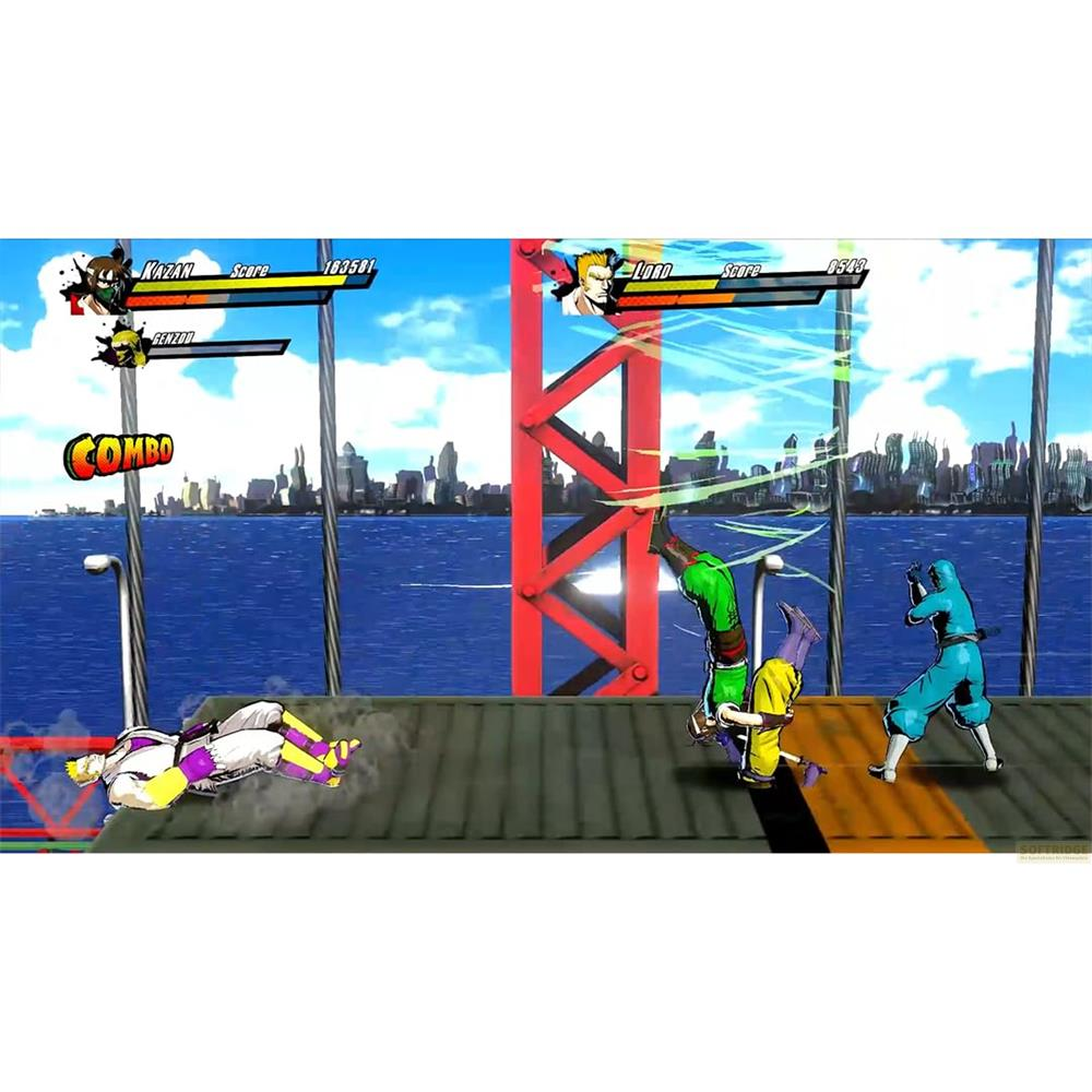 Kampfspielszene mit drei Kämpfern und Stadtkulisse am Wasser.