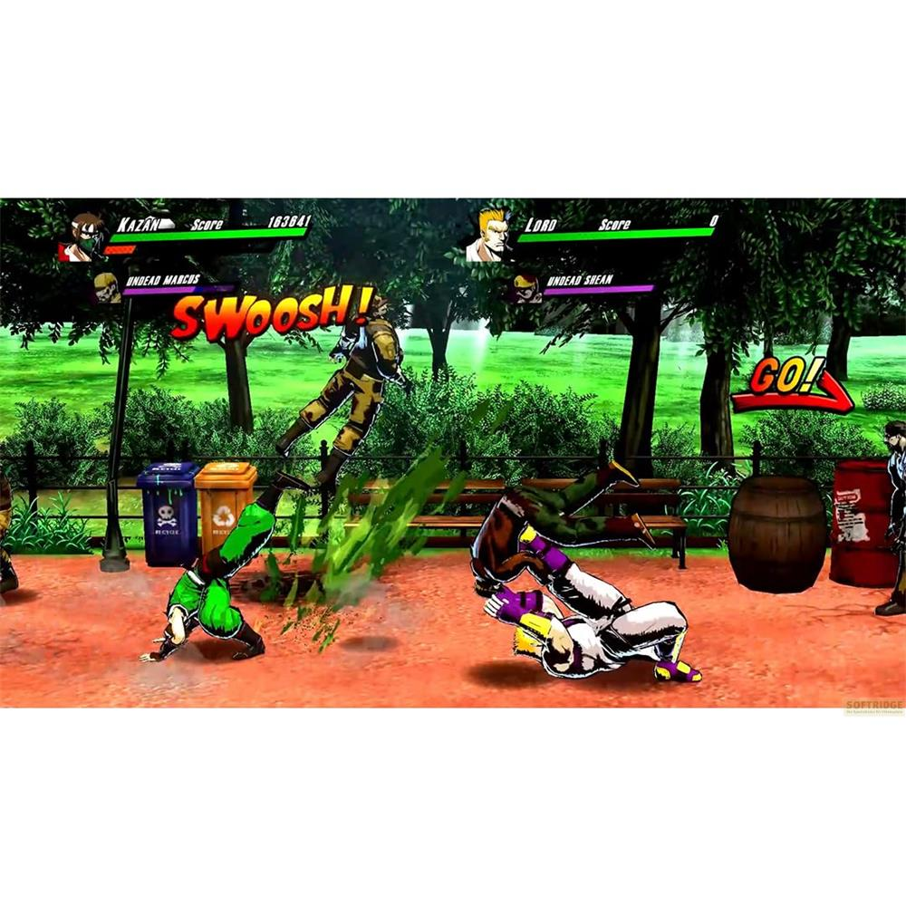 Kampfspiel im Park: Zwei Charaktere kämpfen, einer springt, der andere liegt am Boden.