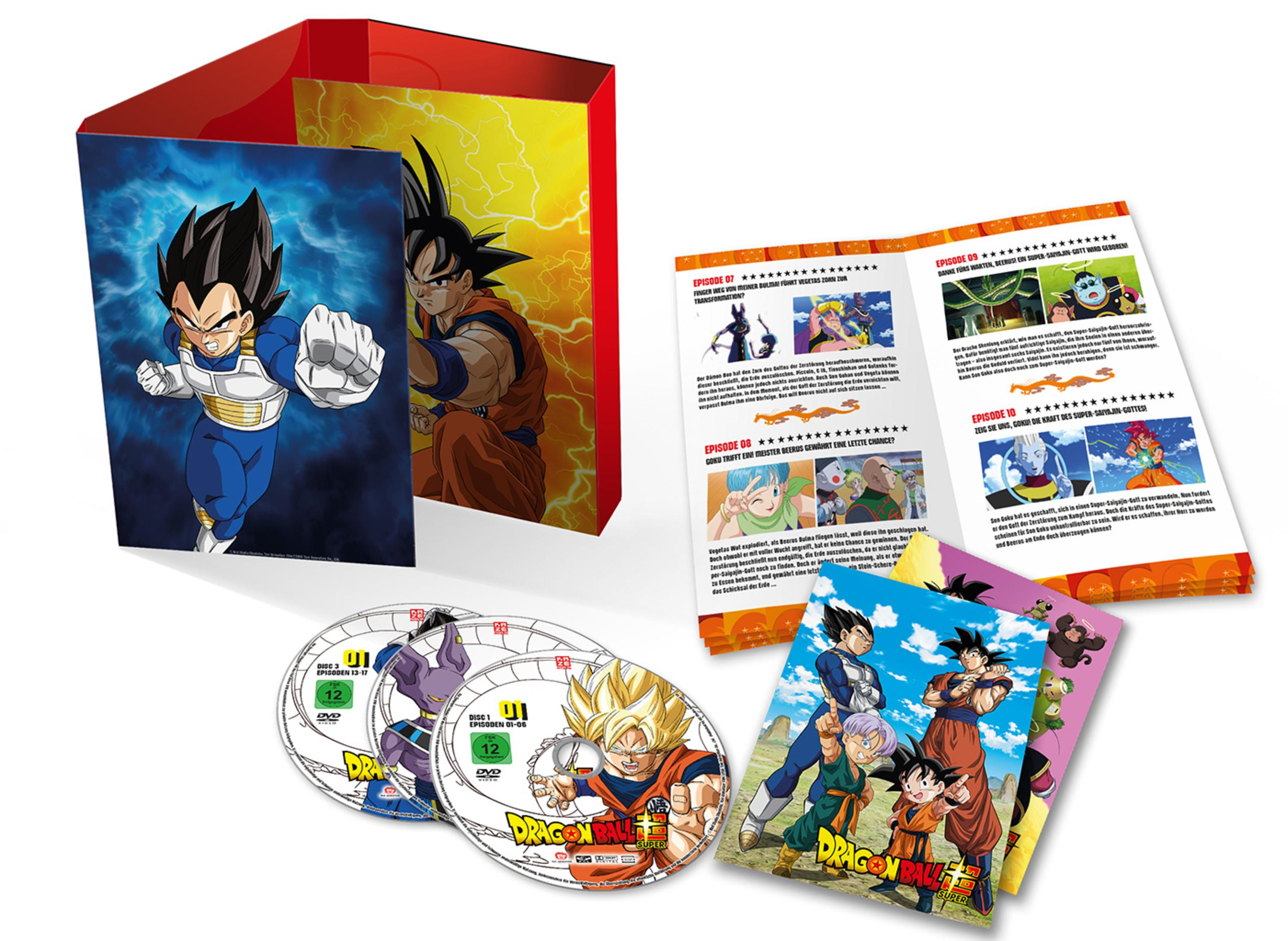 Box Dragon Ball Super con DVD, libretto e carte; Vegeta, Goku, Beerus.