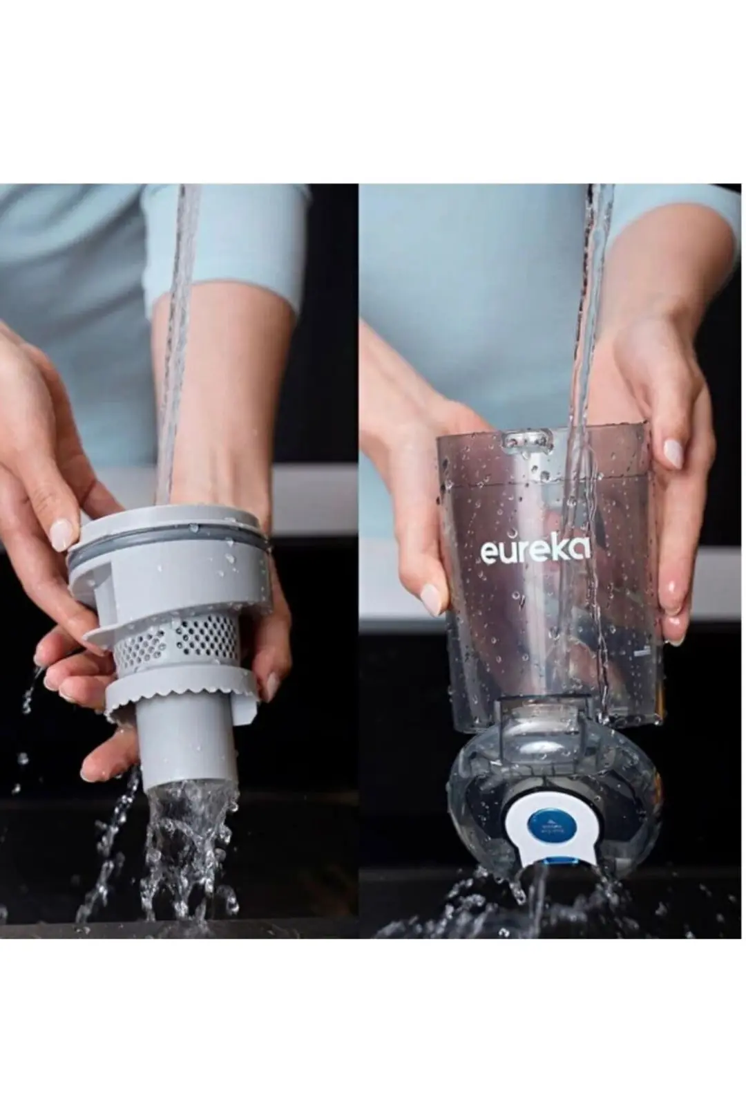Eller, elektrikli süpürge parçalarını akan suyla duruluyor.