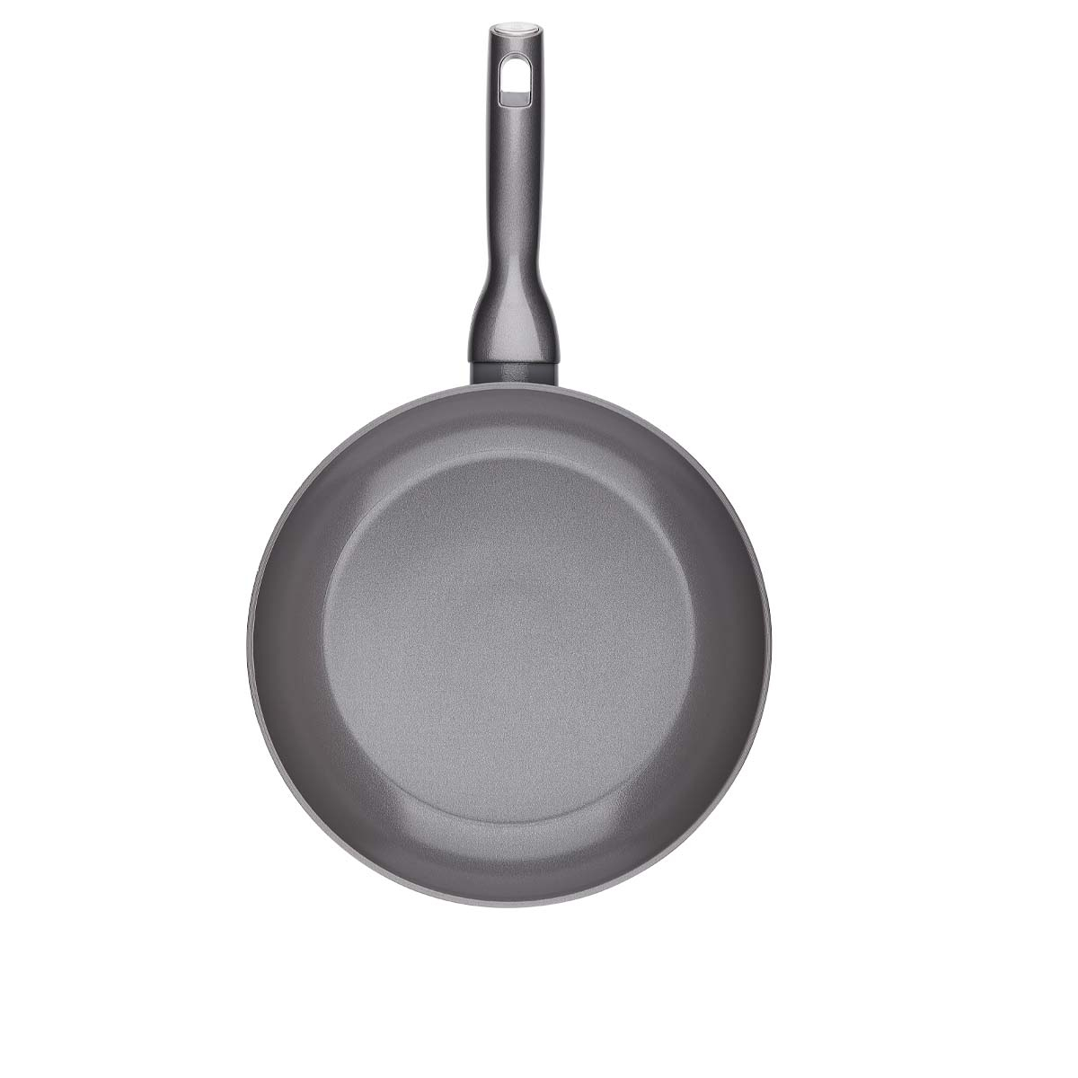 Metal saplı gri bir tava, yukarıdan fotoğraflanmış.