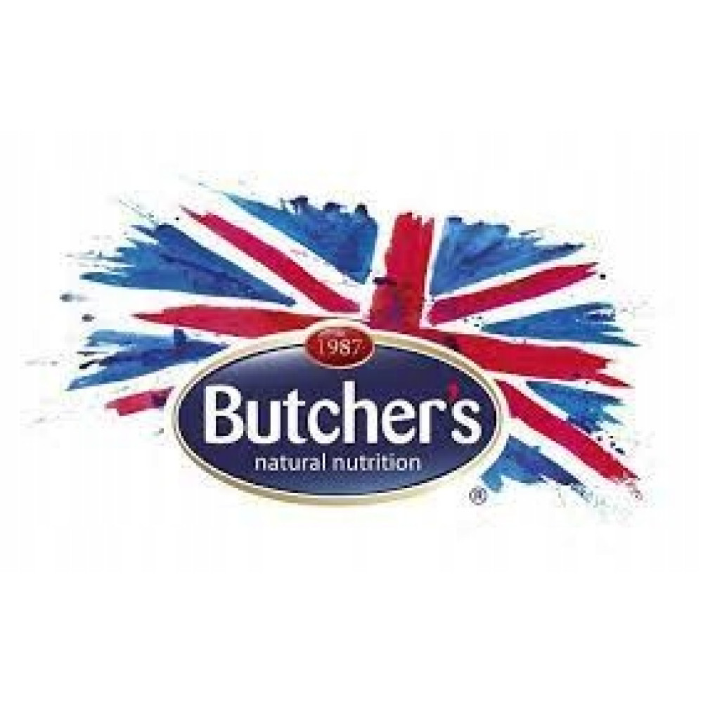 Logo Butchers z flagą Union Jack w tle.