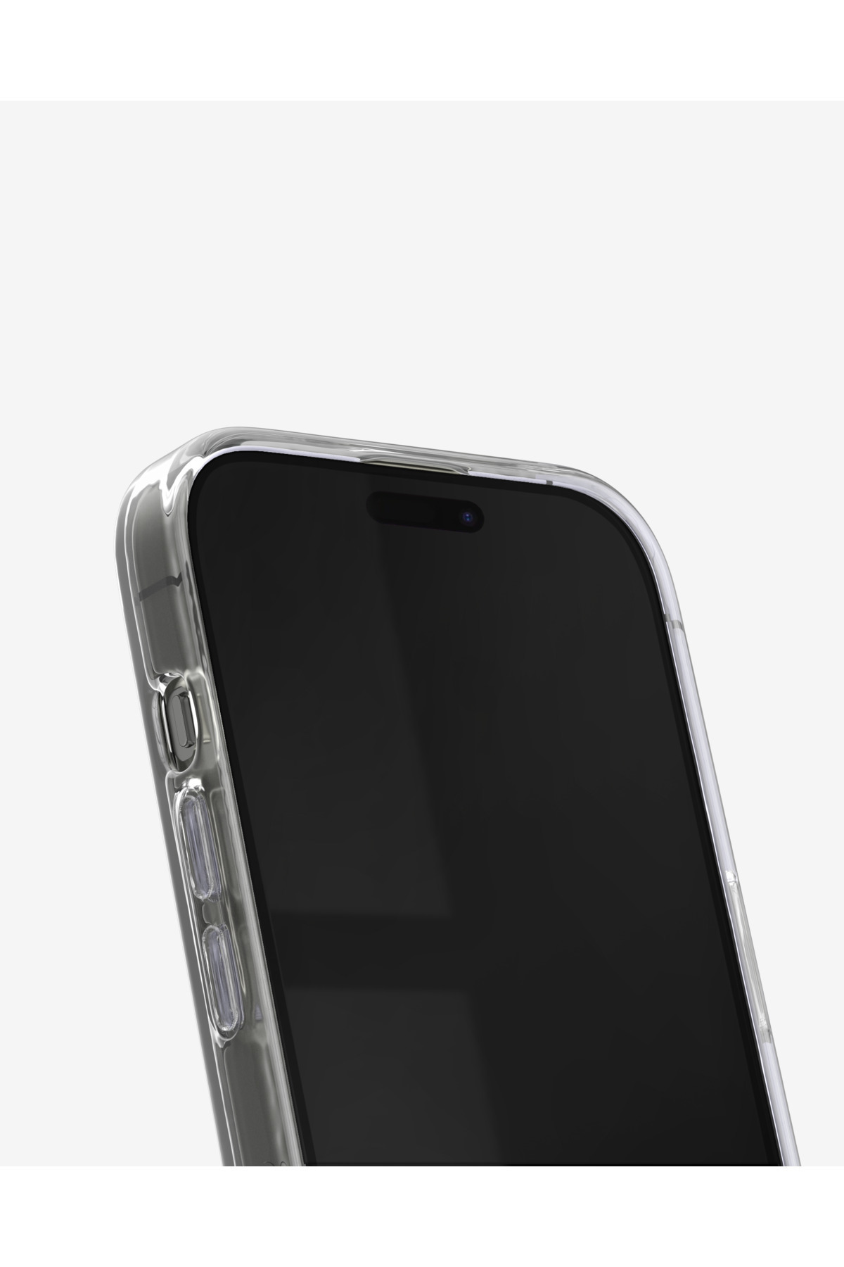 Siyah ekranlı bir akıllı telefonun etrafındaki şeffaf kılıf.