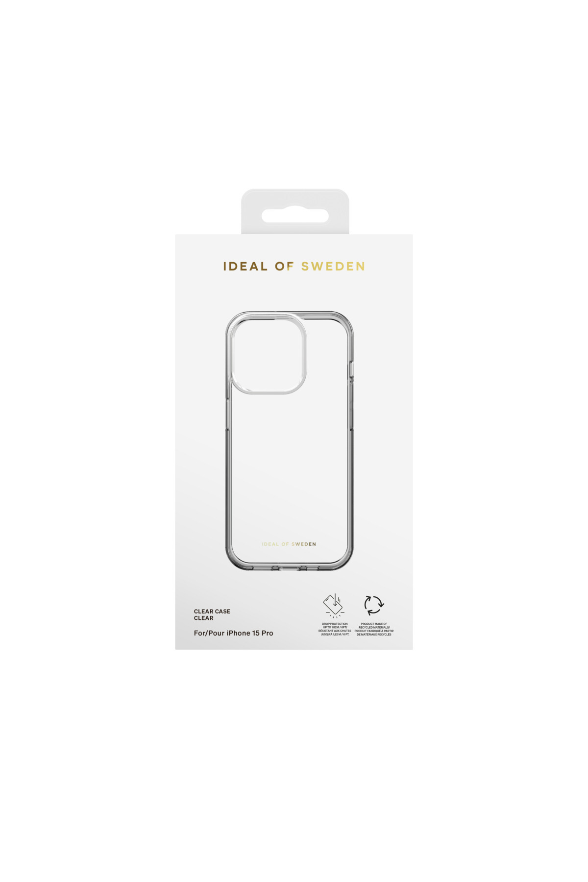 IDEAL OF SWEDEN logolu şeffaf iPhone 15 Pro kılıfı ambalajı.
