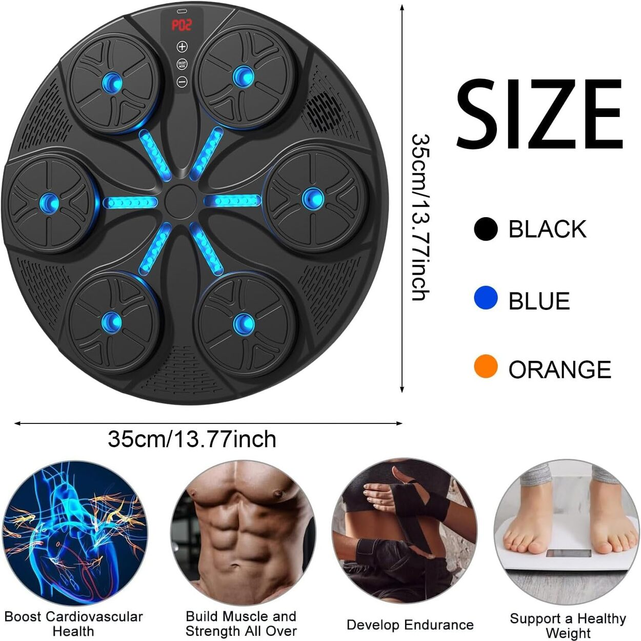 Dispositivo fitness negro, 35cm, con luces azules e imágenes de entrenamiento.