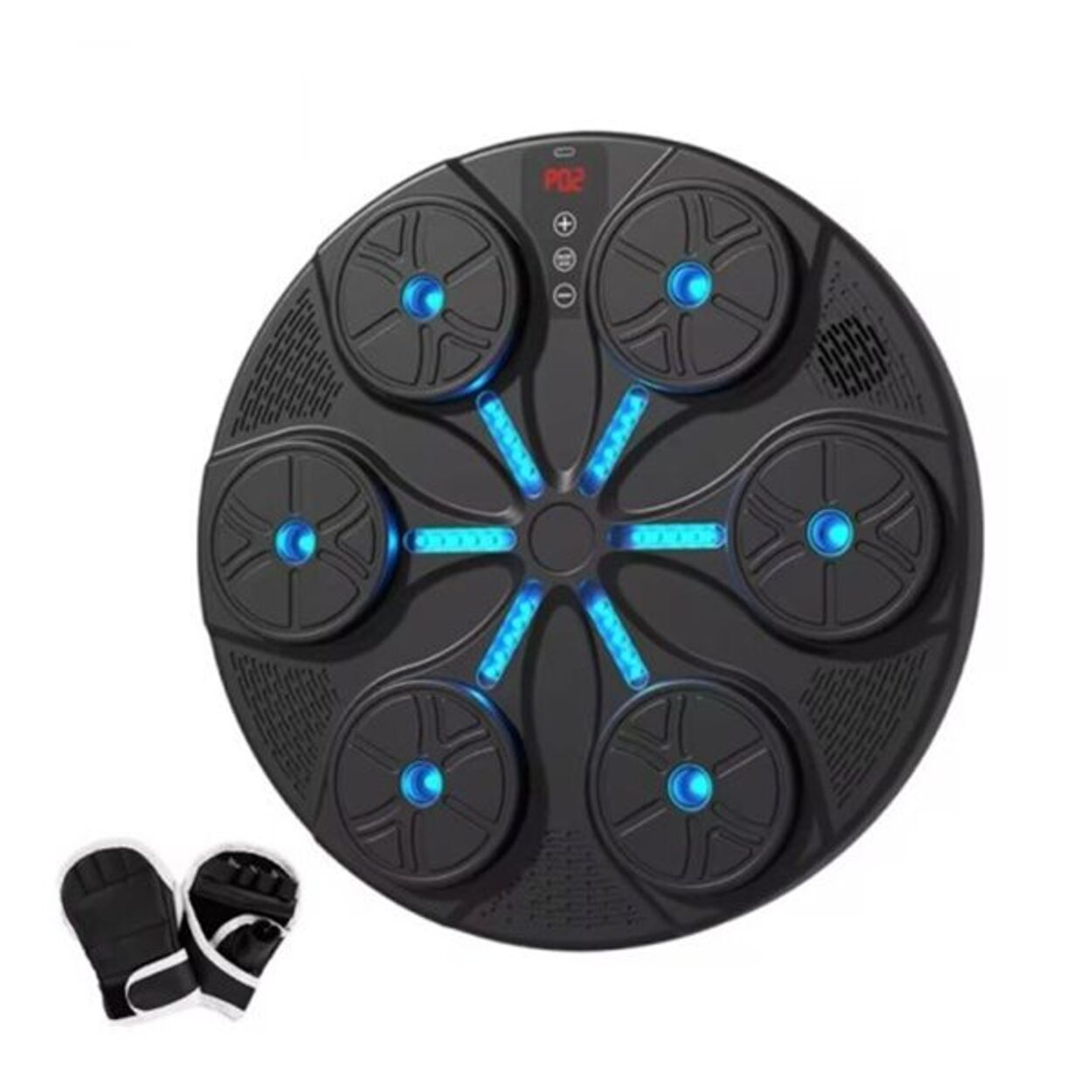 Una máquina de boxeo circular negra con seis objetivos iluminados en azul y una pantalla digital roja, con guantes de boxeo negros.