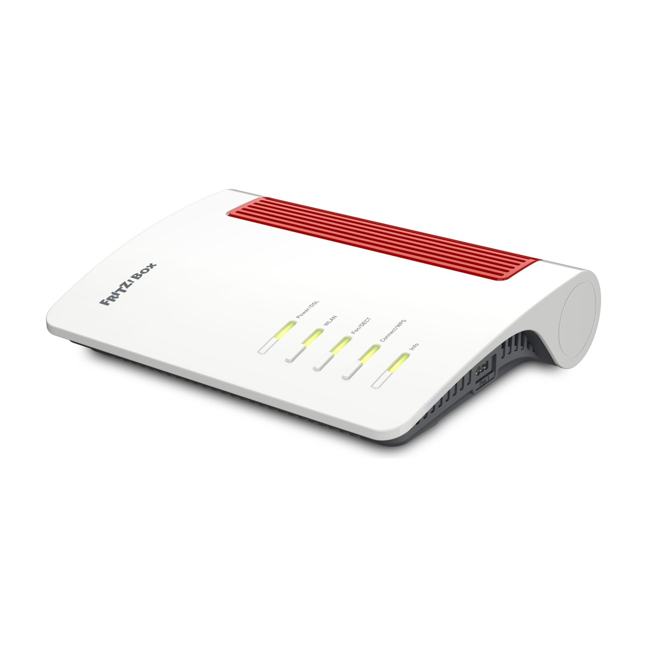 Biały router FRITZ!Box z czerwonymi otworami wentylacyjnymi i podświetlonymi diodami.