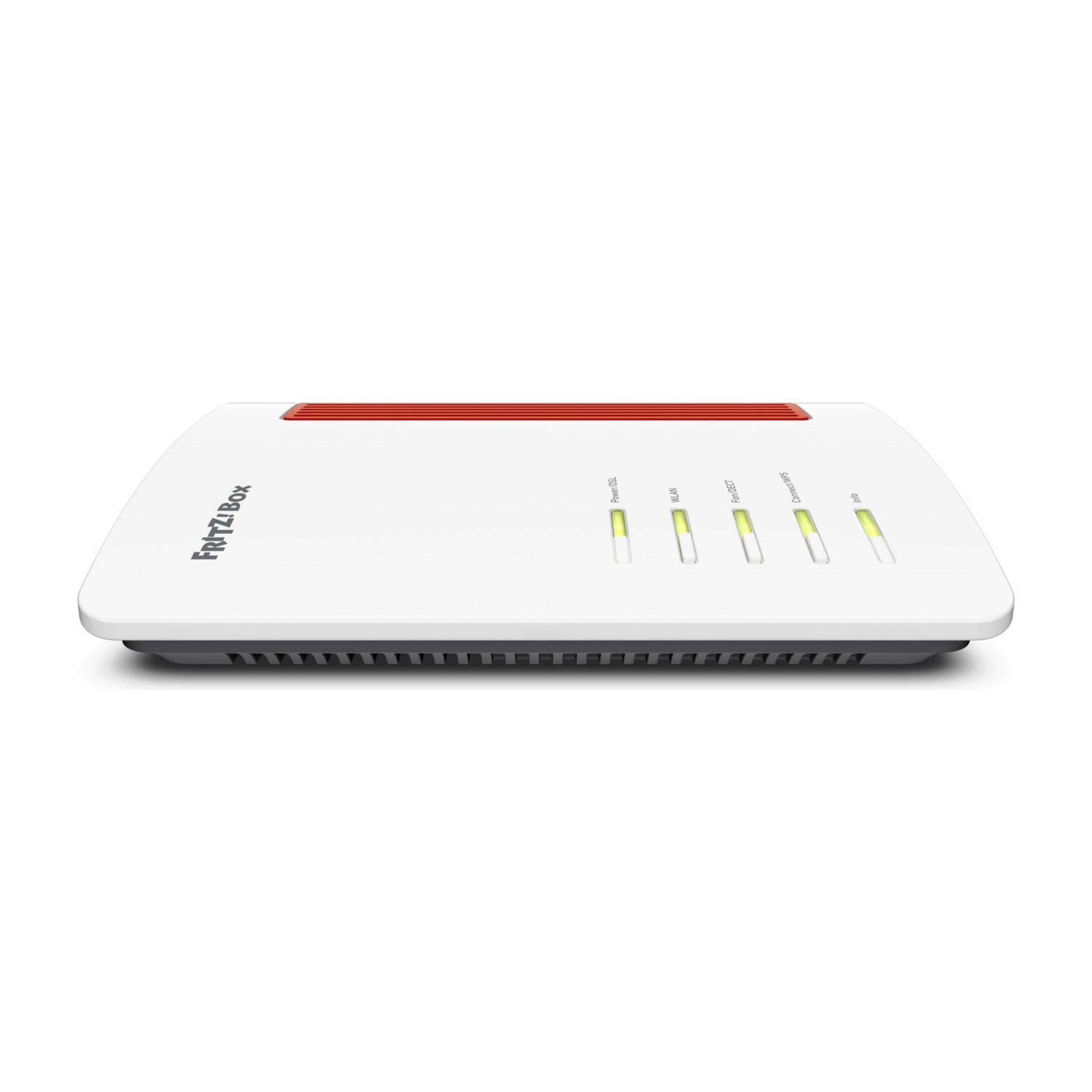Biały router Fritz!Box z czerwonymi akcentami i podświetlanymi diodami statusu.