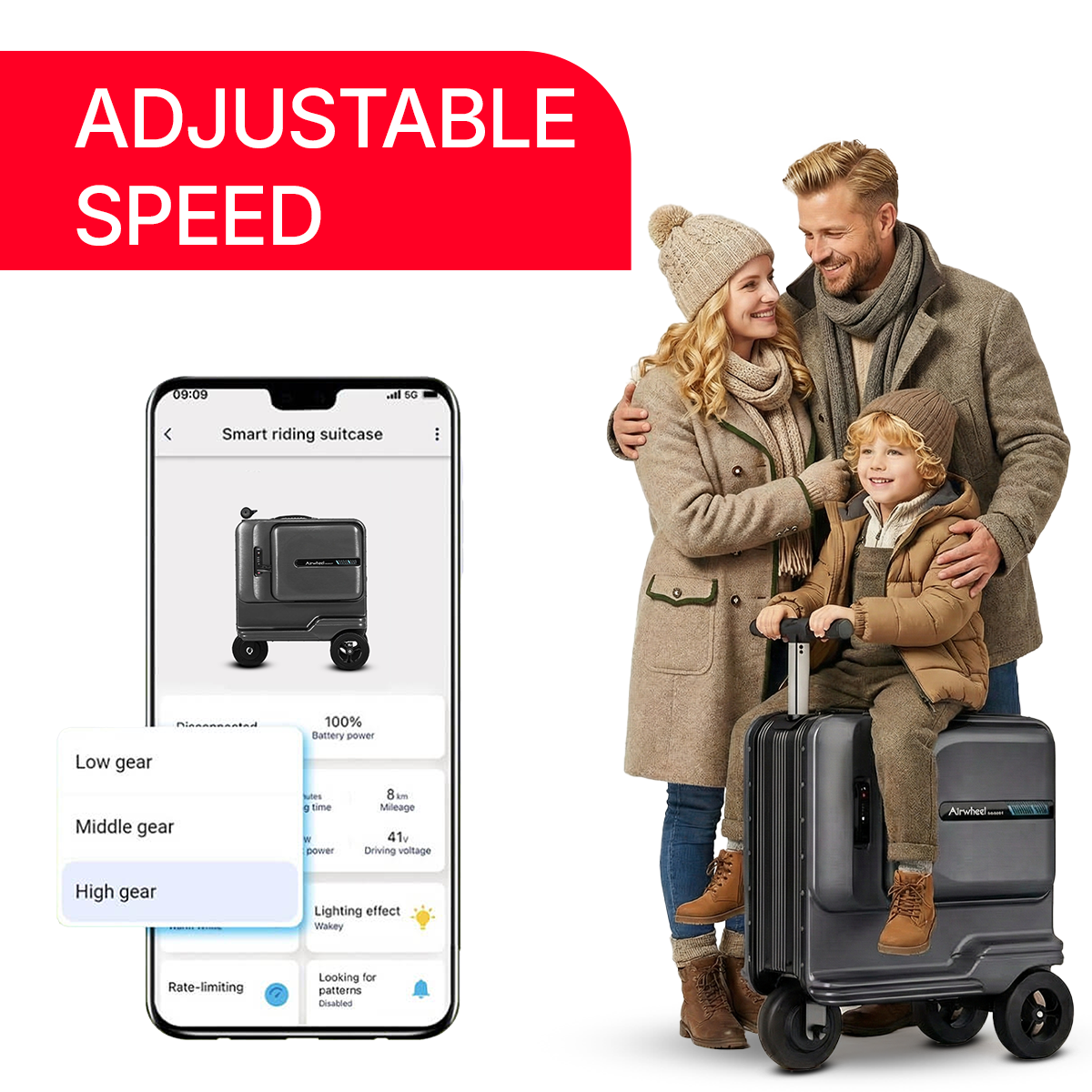 Familie reitet auf einem grauen Koffer mit Rädern, der eine App auf einem Handy zeigt.
