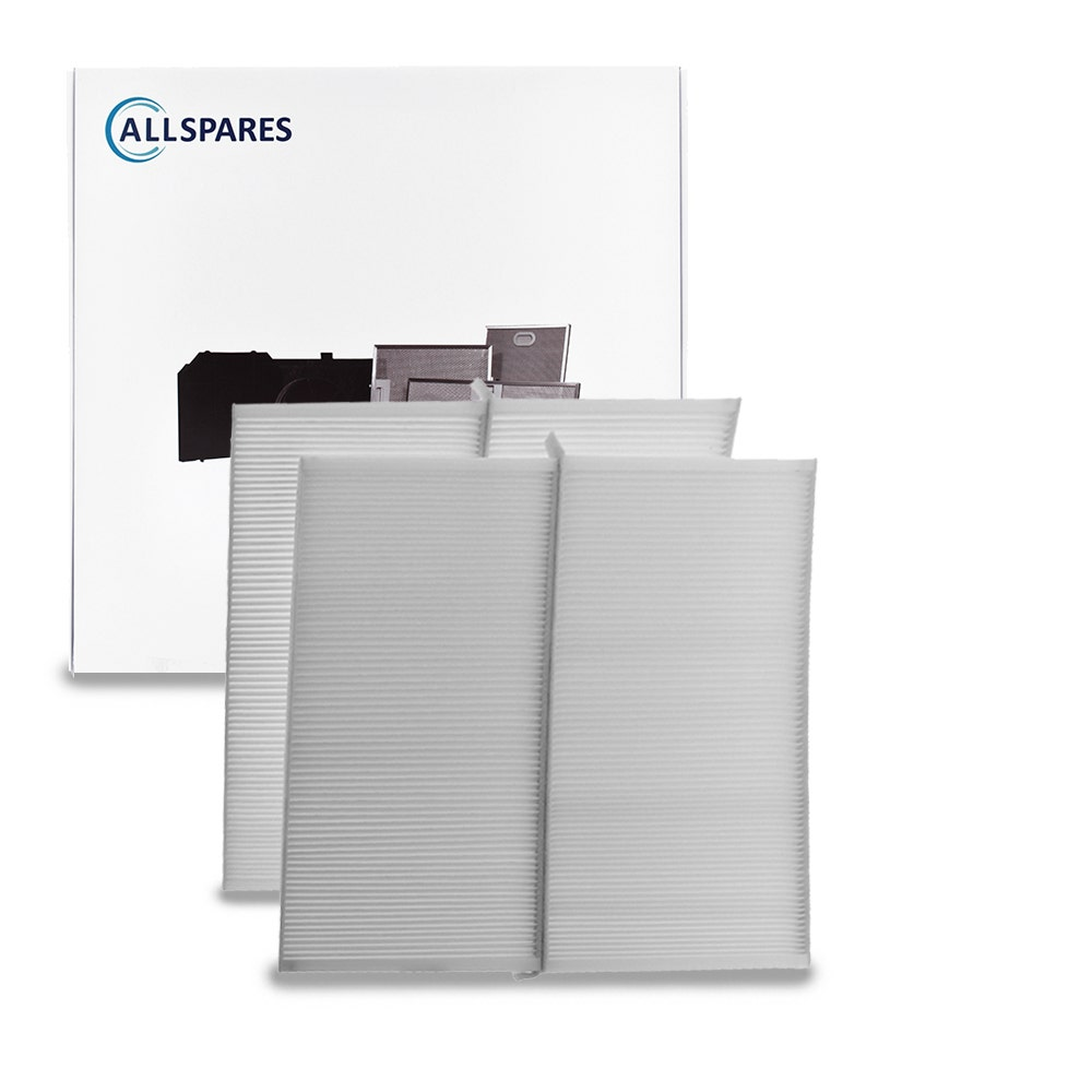 Drei weiße, gefaltete Filter liegen vor einer Verpackung mit dem ALLSPARES-Logo.