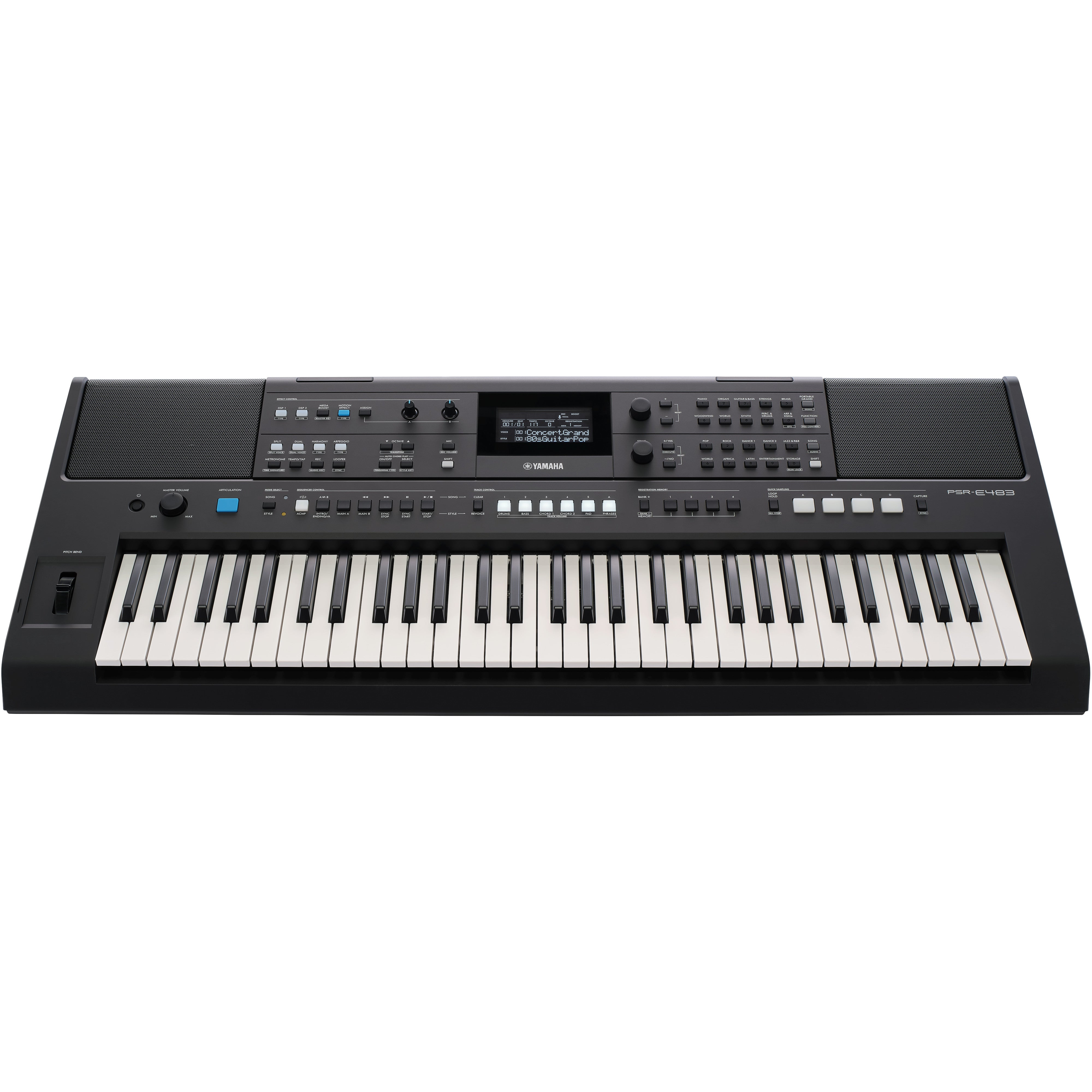 Czarny keyboard Yamaha PSR-E483 z klawiszami, pokrętłami i ekranem.
