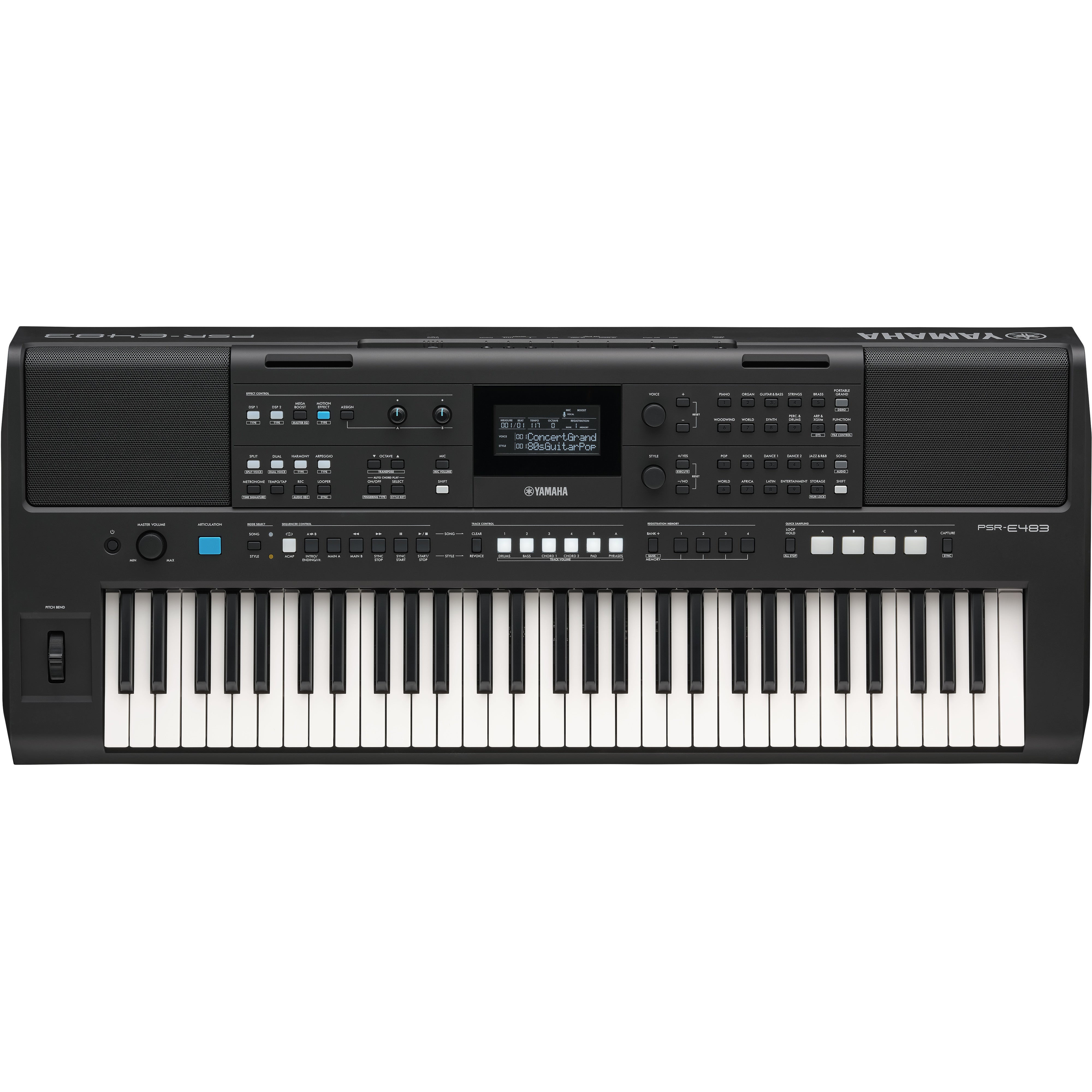 Czarna Yamaha PSR-E483 klawiatura z białymi i czarnymi klawiszami i przyciskami.