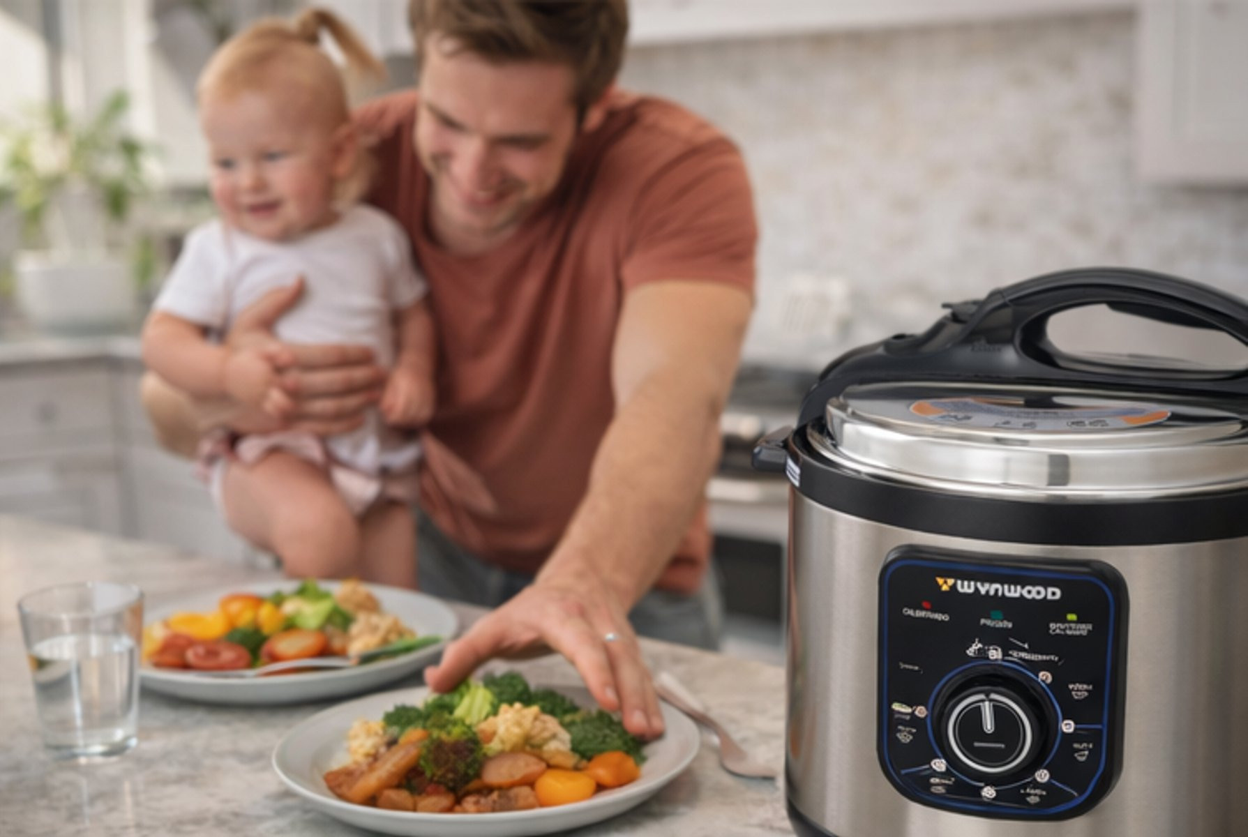 Un hombre sostiene a un bebé, con una olla a presión y platos de comida en el mostrador.