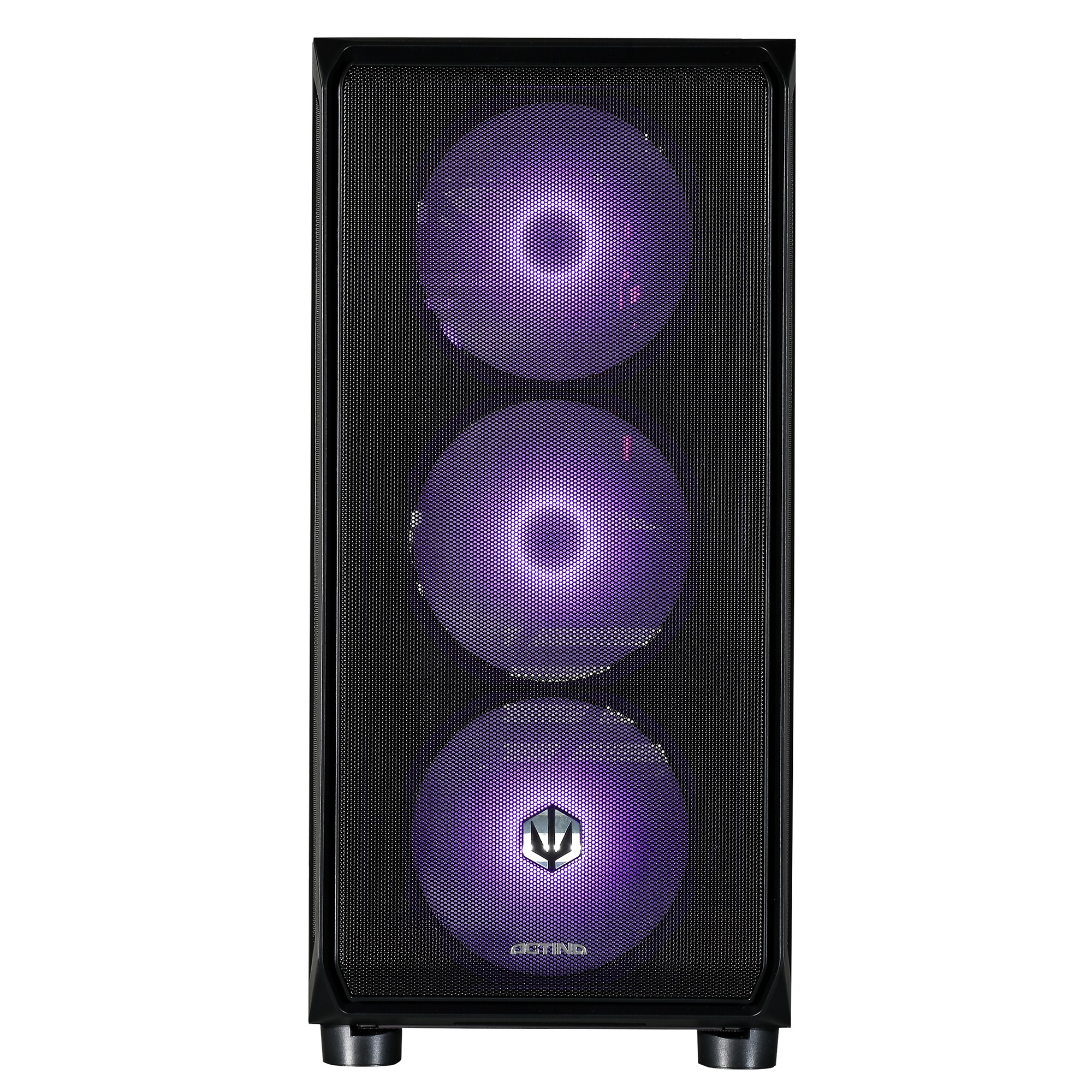 Czarna obudowa komputera z trzema fioletowymi wentylatorami i logo.