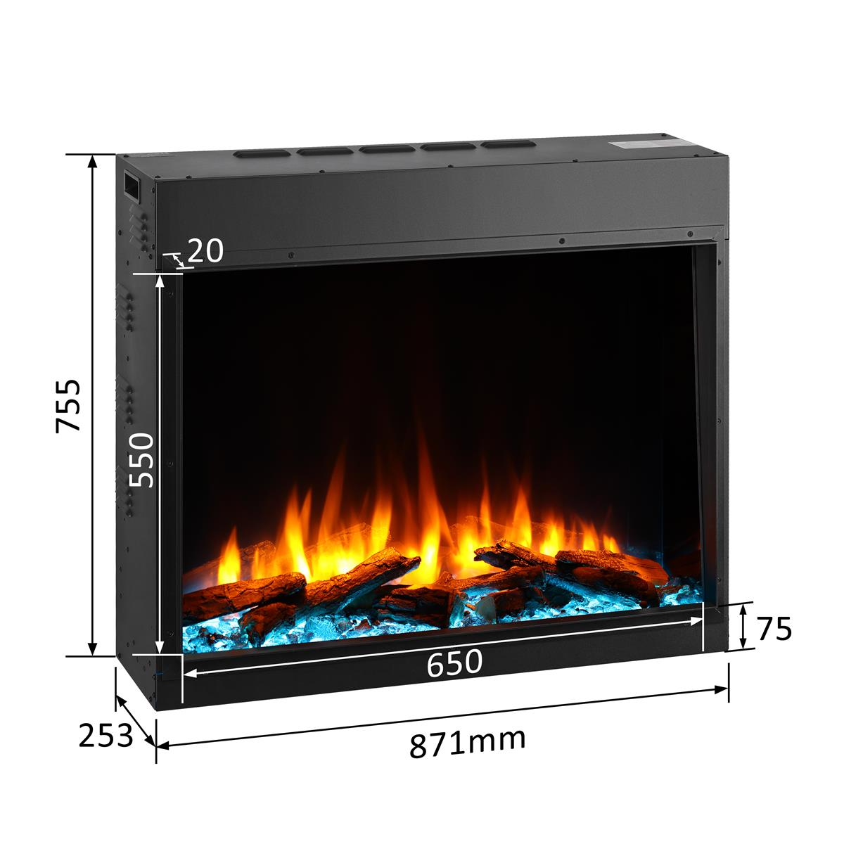 Ein schwarzer Einbaukamin mit glühenden Holzstücken und blauer Beleuchtung.