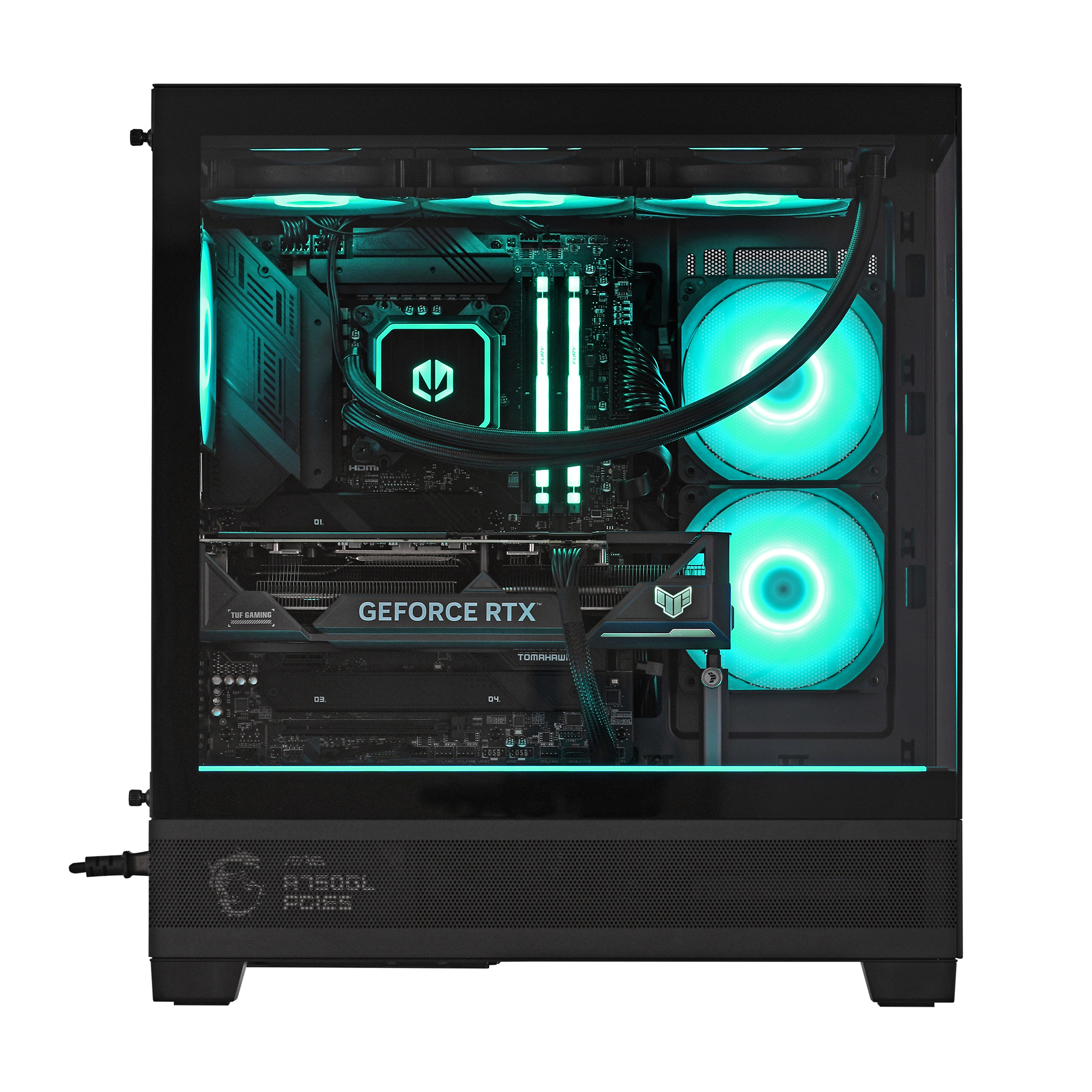 Un case per PC con illuminazione turchese, scheda grafica RTX e ventole.