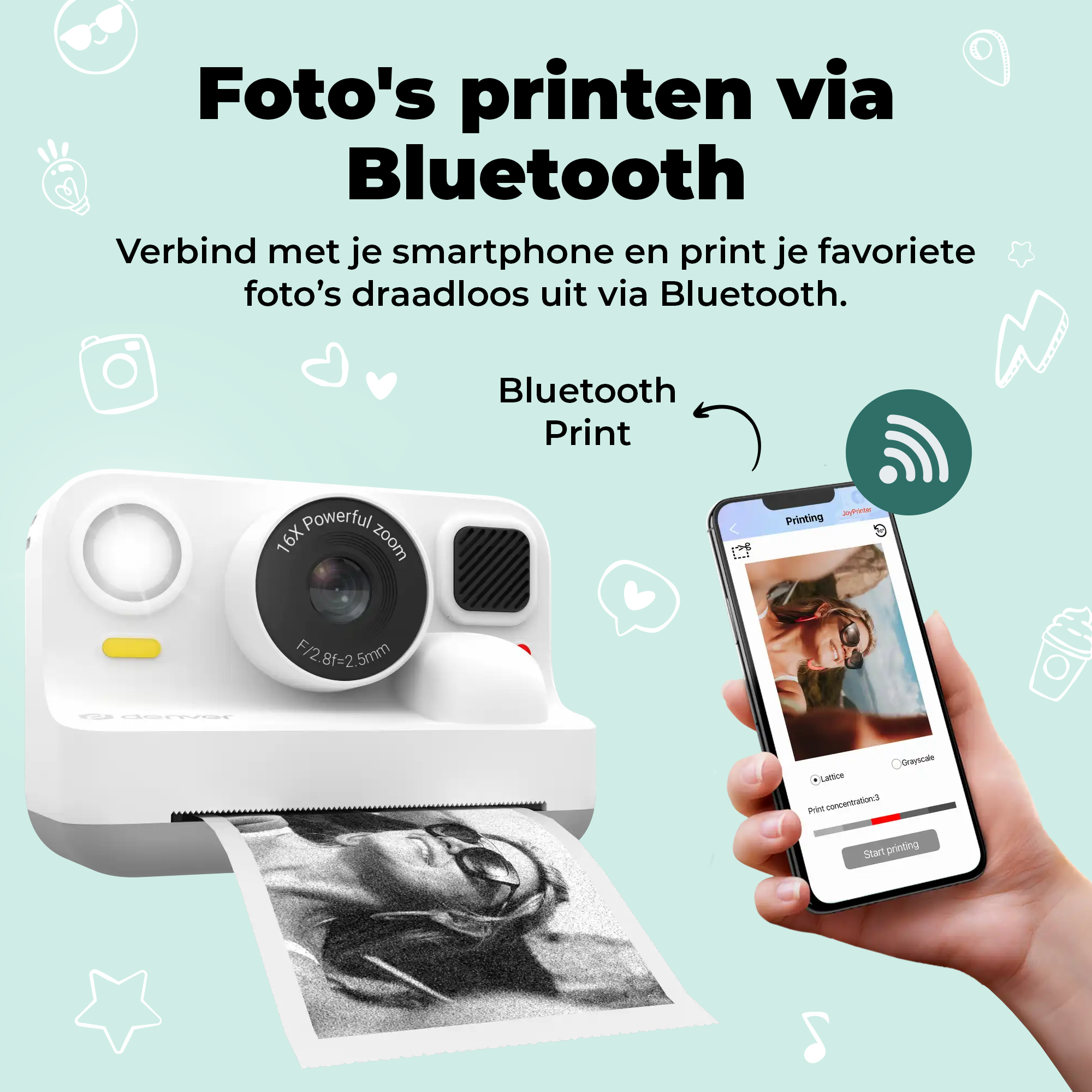A smartphone is held by a woman printing a photo. A printer is printing a black and white photo.