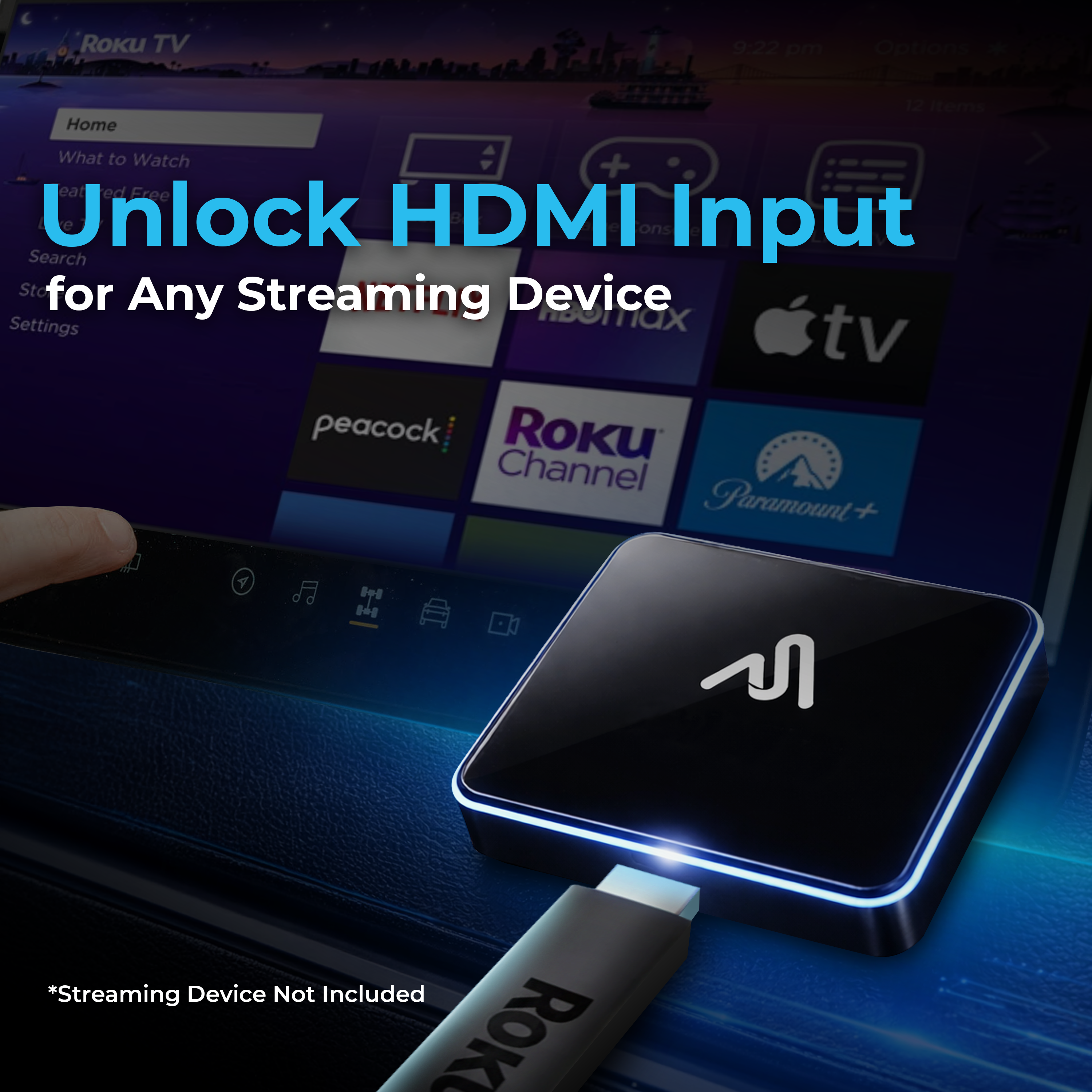 Un dispositivo di streaming Roku si collega via HDMI. Lo schermo TV mostra icone di app.