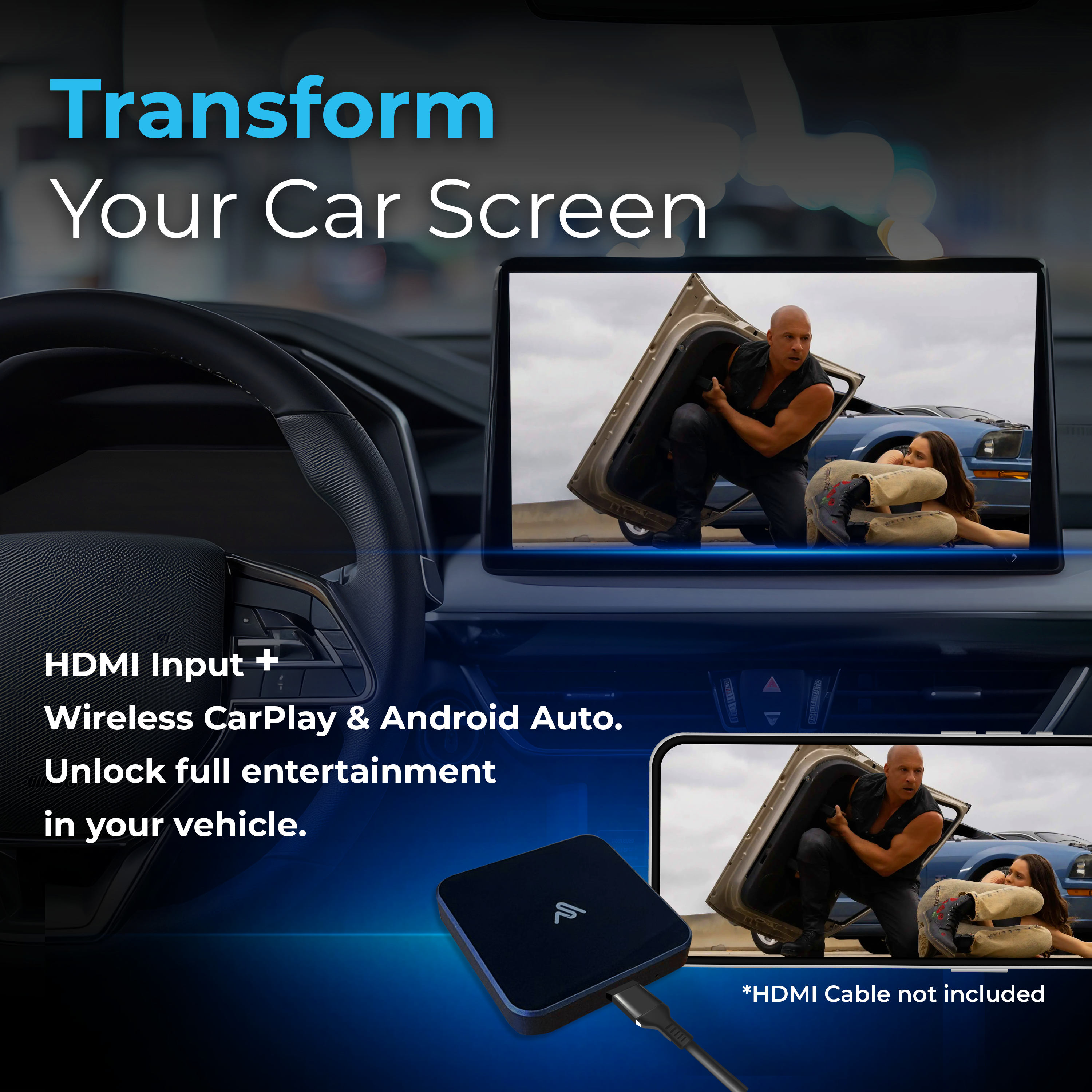 Un dispositivo nero con ingresso HDMI e cavo in un'auto.