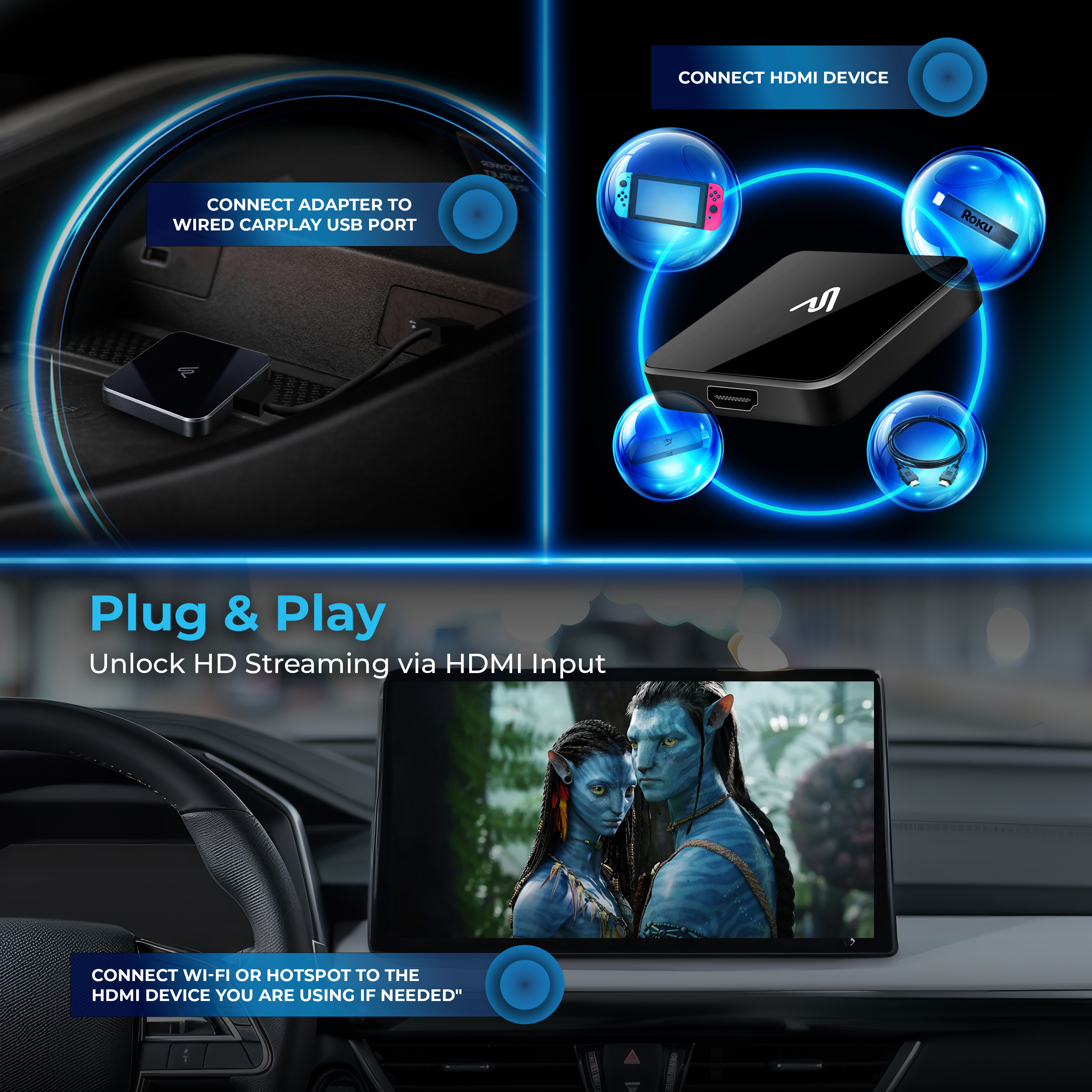 Un sistema di infotainment per auto visualizza la copertina del film "Avatar", collegato via HDMI.