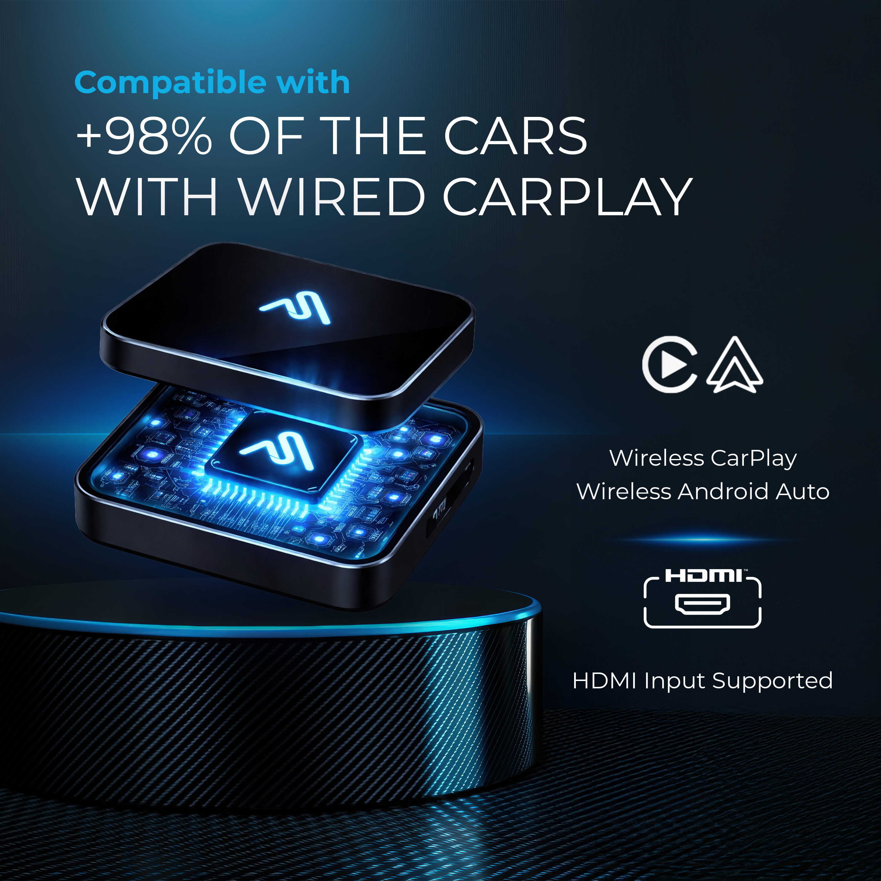 Una scatola nera con luci blu, compatibile con le auto.