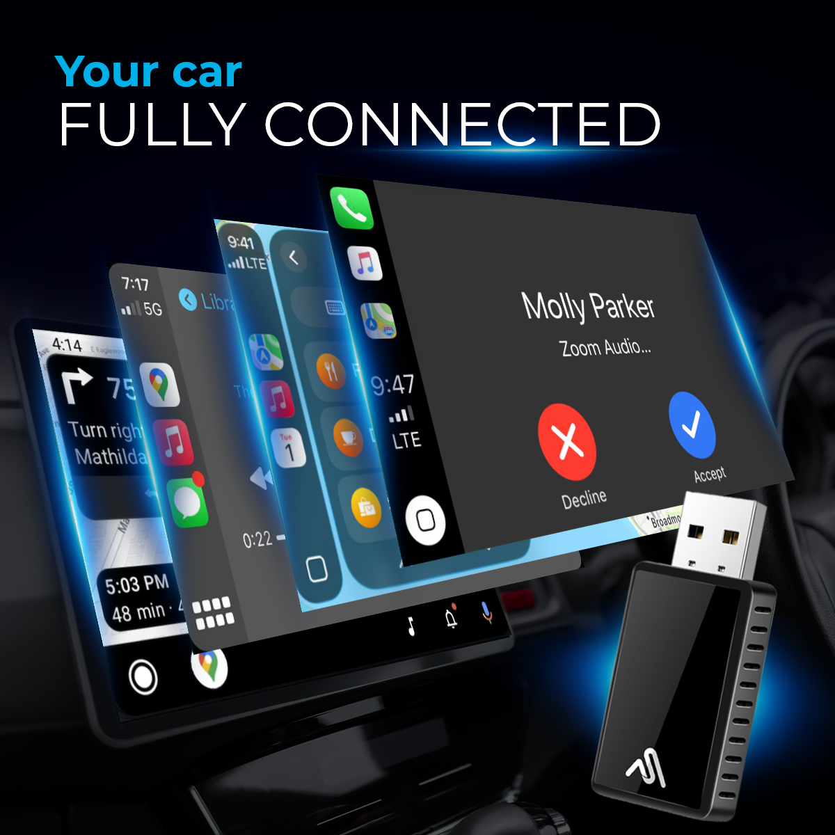 Auto-Infotainment-Bildschirme zeigen Navigation, Anrufe und Apps. Ein USB-Adapter ist angeschlossen.