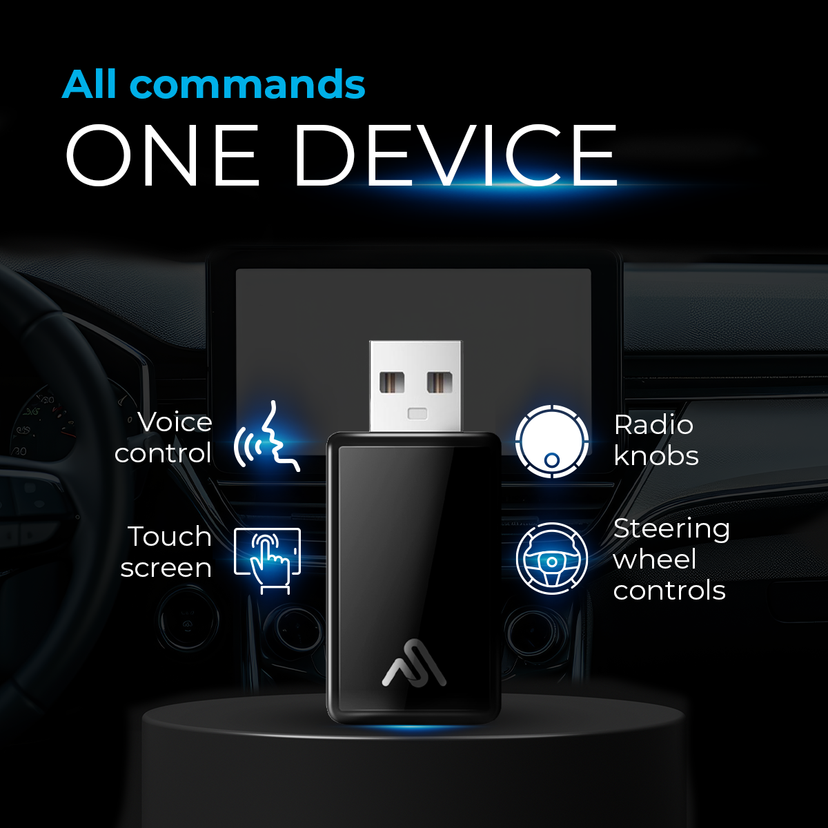 Ein schwarzes Gerät mit USB-Anschluss, das für Sprach-, Touch-, Radio- und Lenkradsteuerung steht.