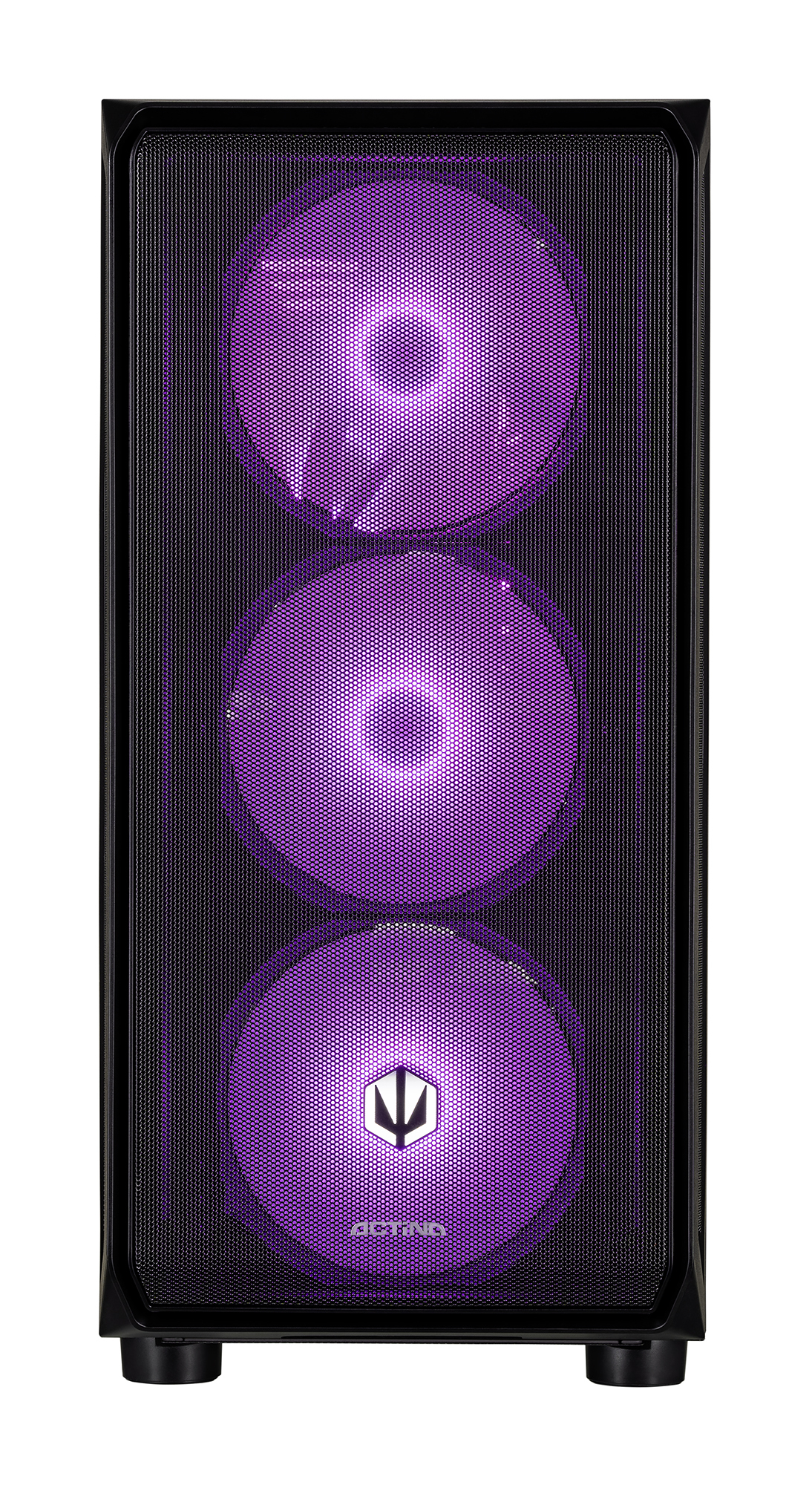 Czarna obudowa komputera z trzema podświetlanymi wentylatorami fioletowymi.