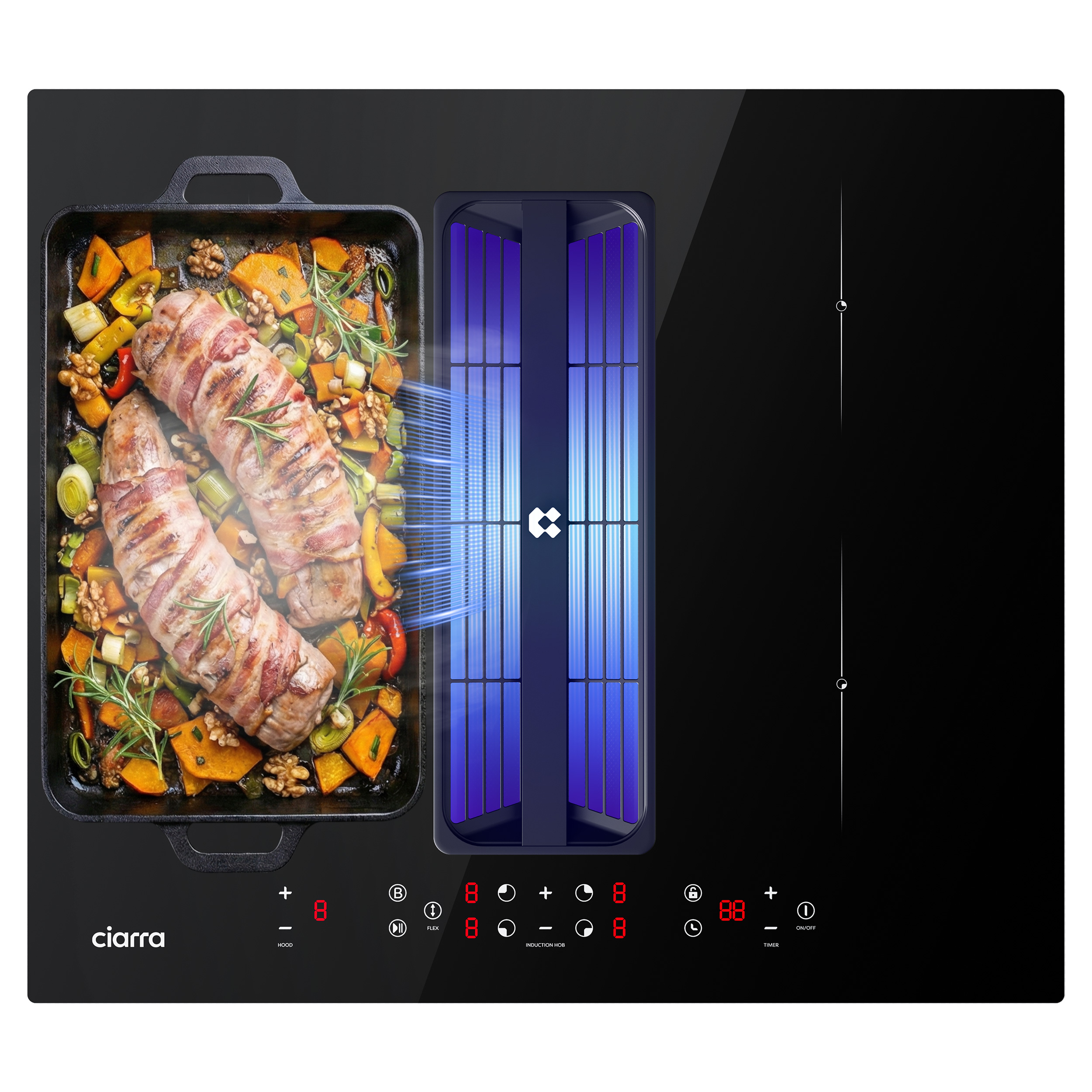 Bacon-wrapped meat with vegetables on an induction hob.