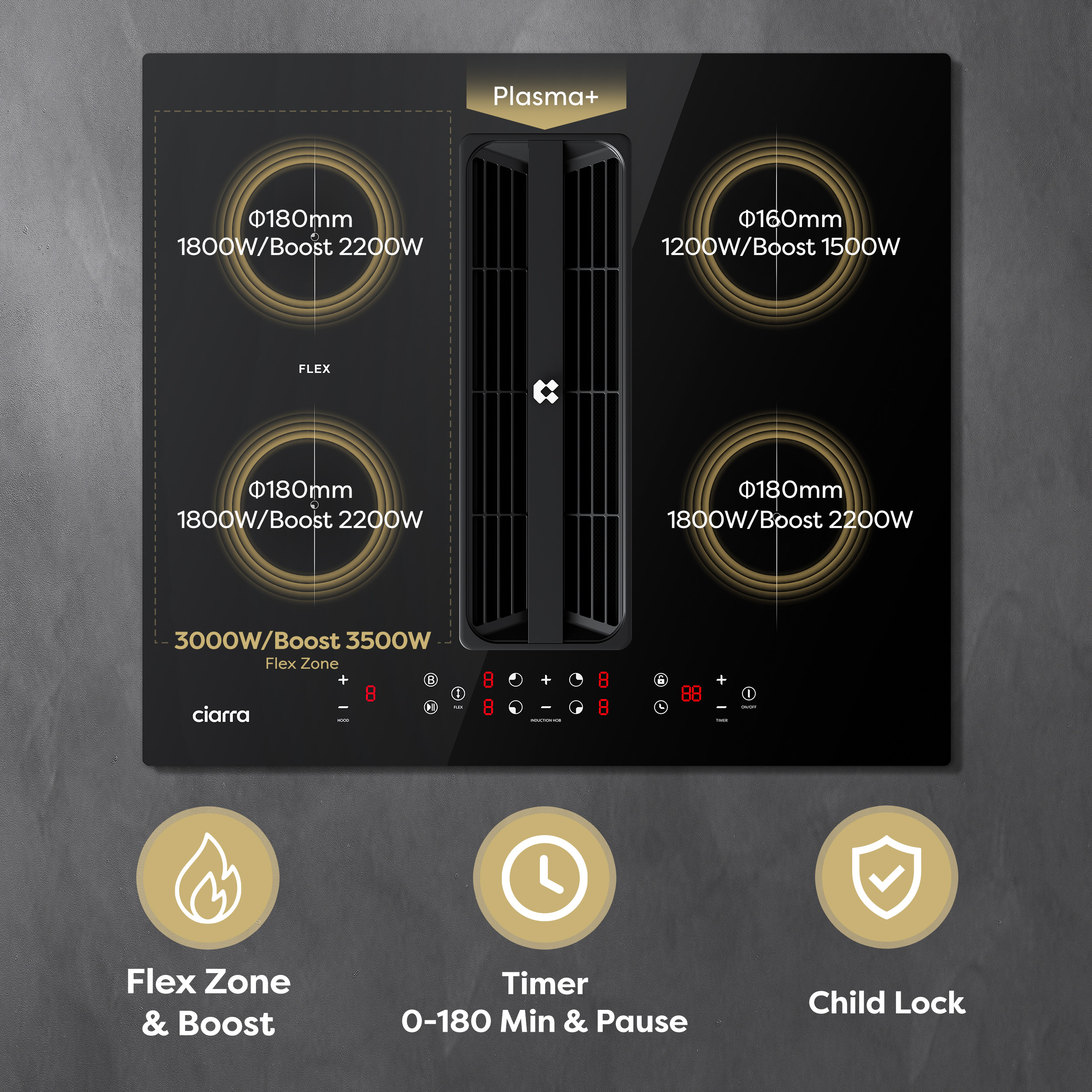 Induction hob with four cooking zones, central ventilation, and digital controls.