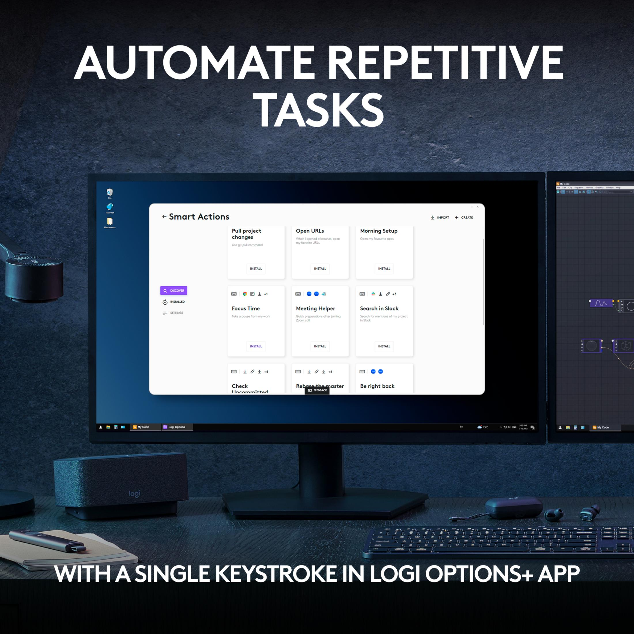 Dwa monitory wyświetlają aplikację Logi Options+ z automatycznymi zadaniami.