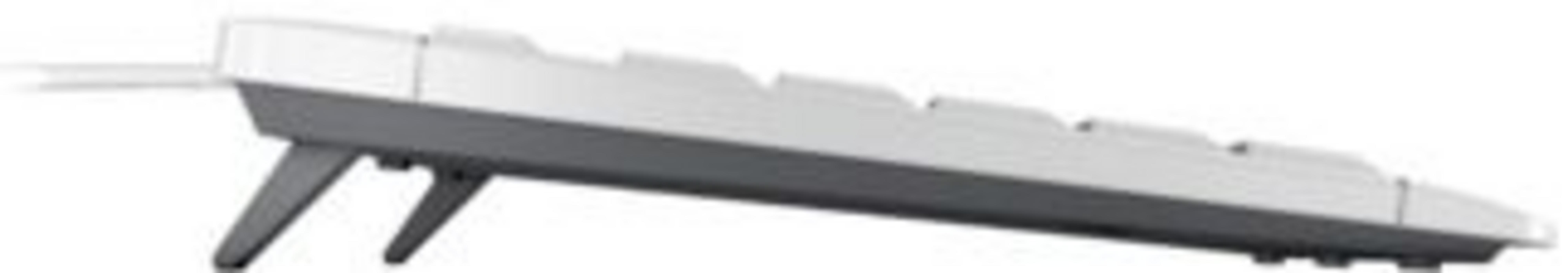 Primer plano de un teclado gris con patas plegables sobre fondo blanco.