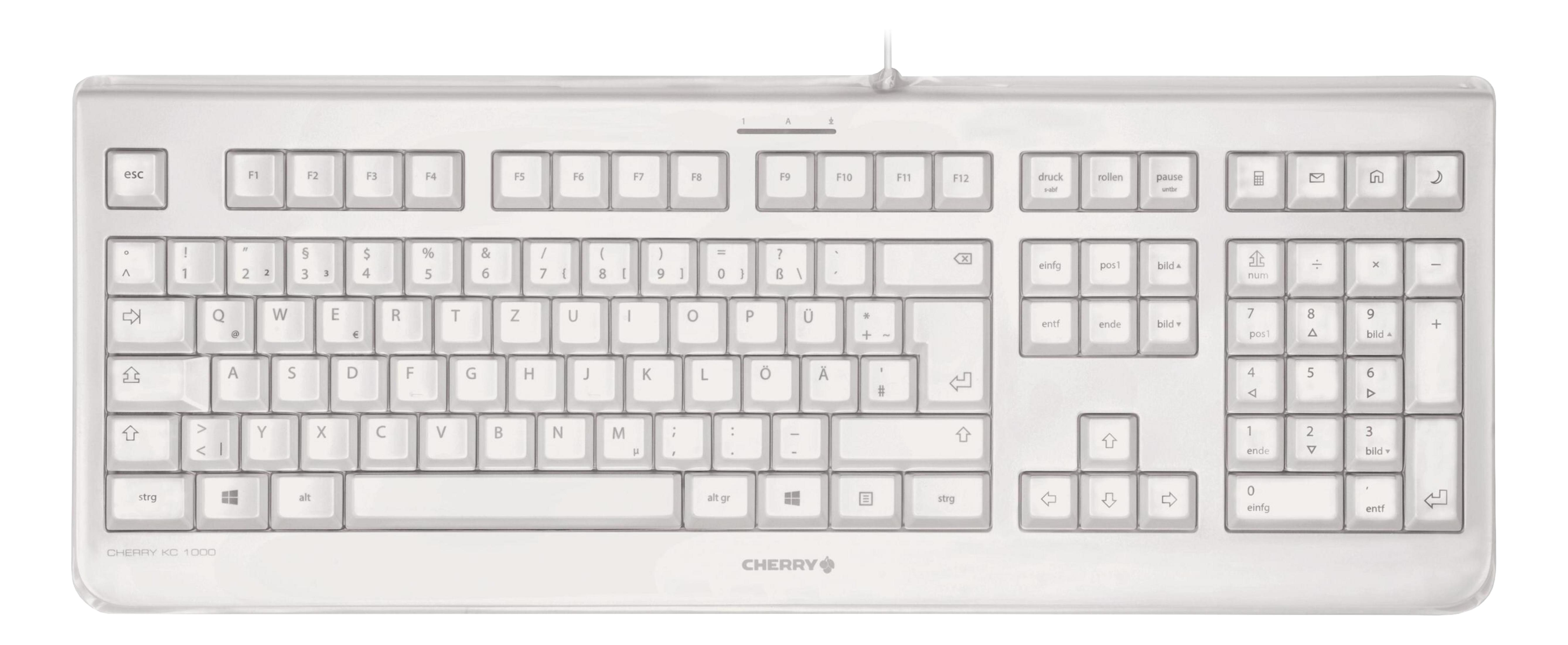 Una tastiera CHERRY KC 1000 bianca con layout QWERTZ e tastierino numerico.