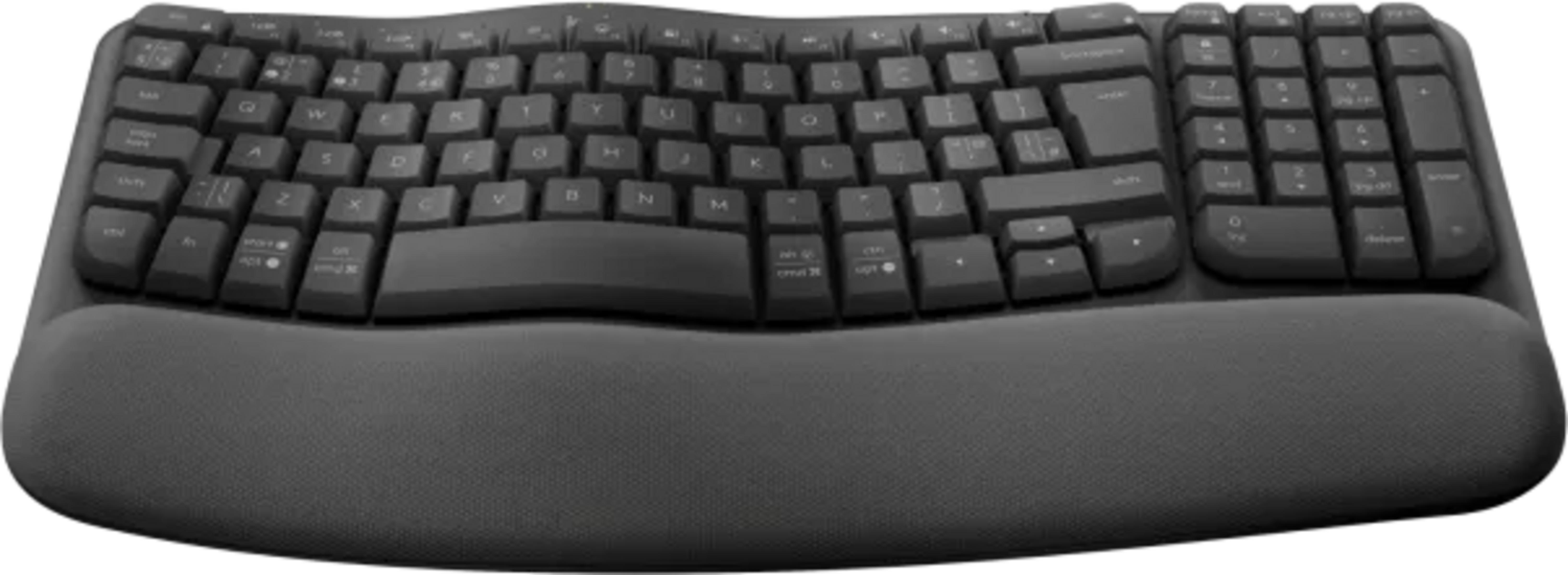 Un teclado ergonómico negro con teclado numérico y reposamuñecas.