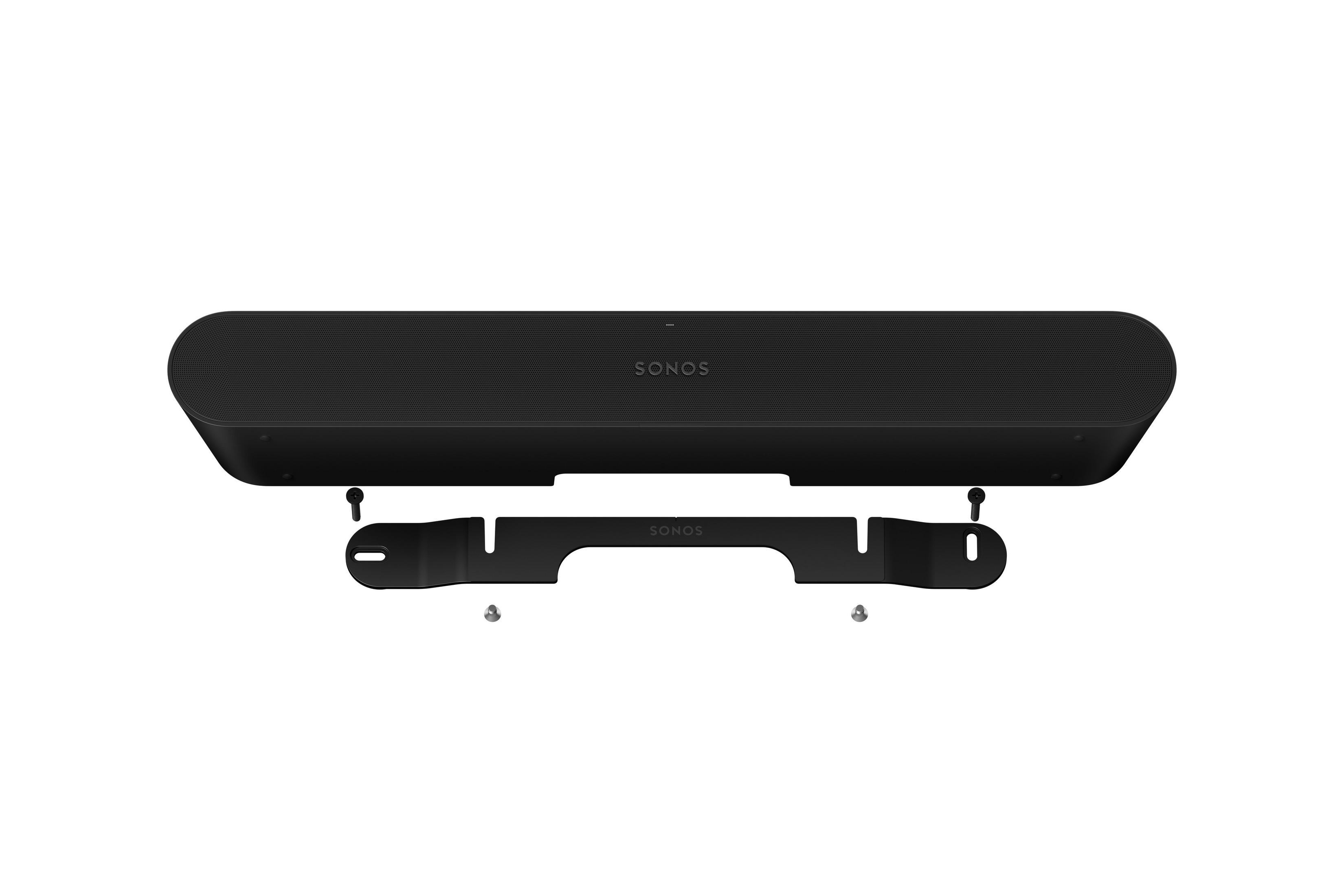 Altavoz Sonos negro con soporte de pared y tornillos.