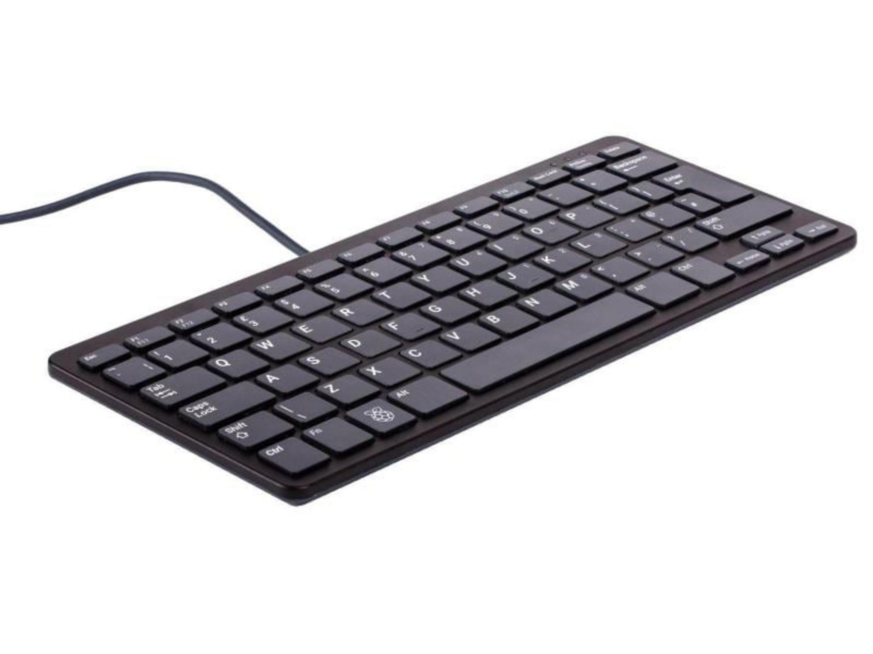 Una tastiera di computer nera con lettere e simboli bianchi su sfondo bianco, vista di sbieco.