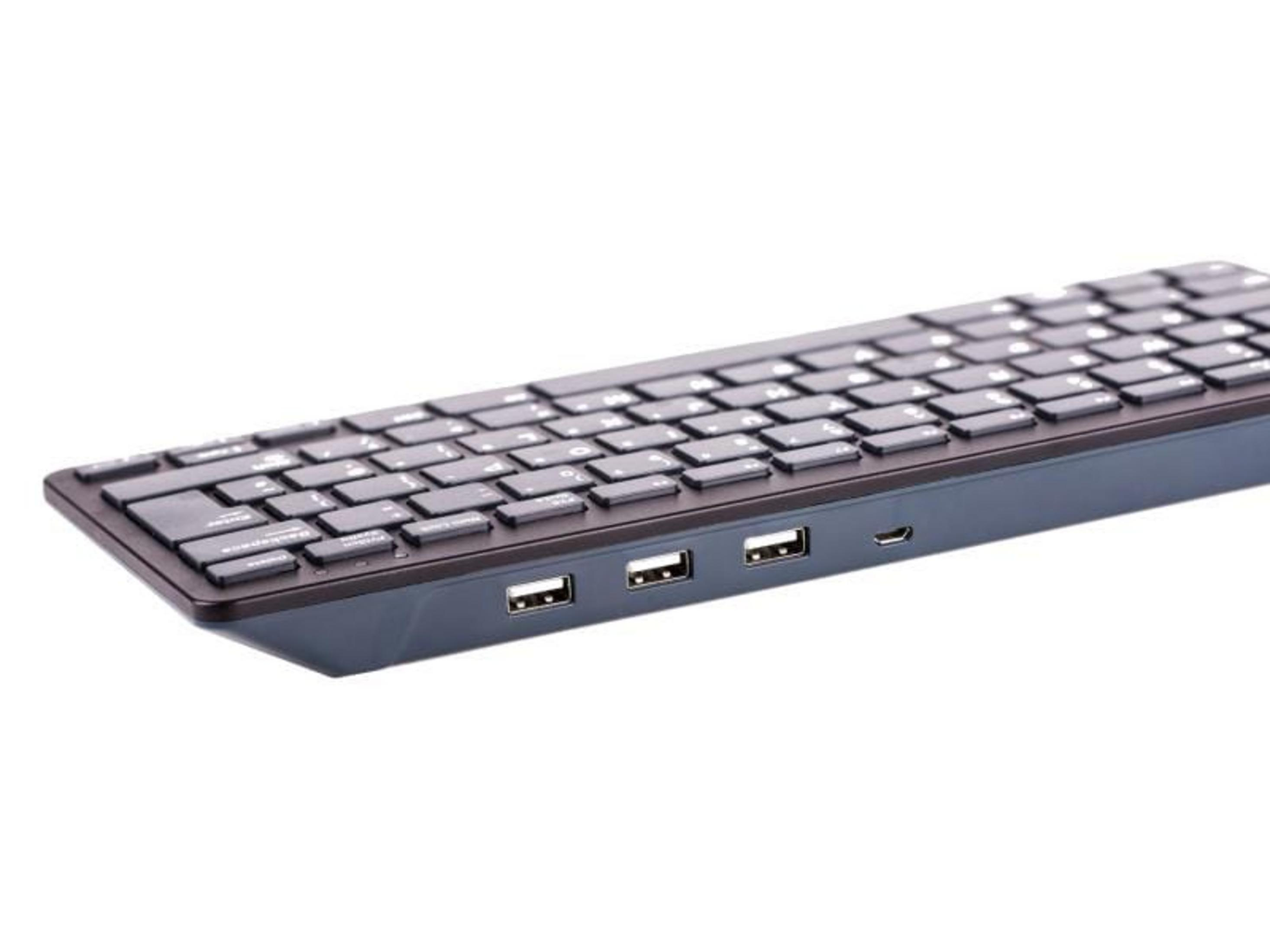Una tastiera nera con porte USB sul lato.