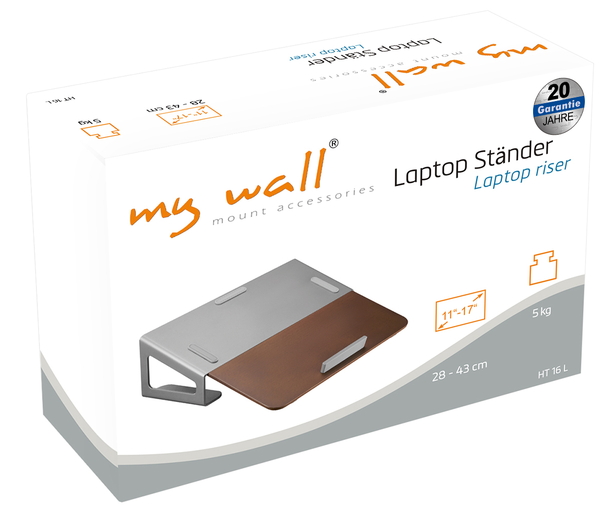 Verpackung für einen Laptopständer von my wall, 20 Jahre Garantie.