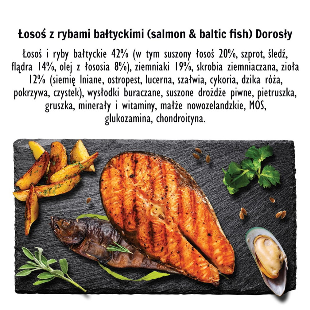 Grillowany stek z łososia z frytkami, rybą, małżem i ziołami.