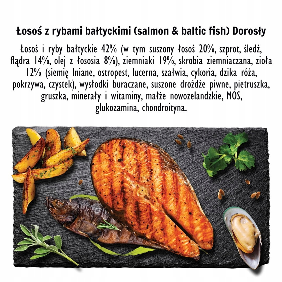 Grillowany stek z łososia, pieczone ziemniaki, ryba i małż na czarnym łupku.