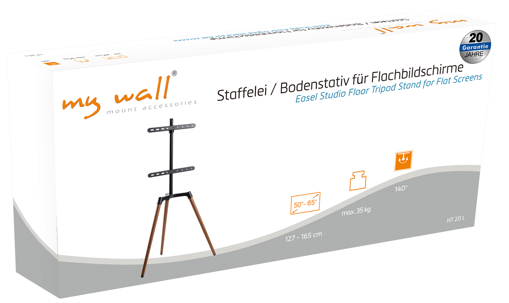 Verpackung für einen Fernsehständer im Staffelei-Design mit Holzakzenten.