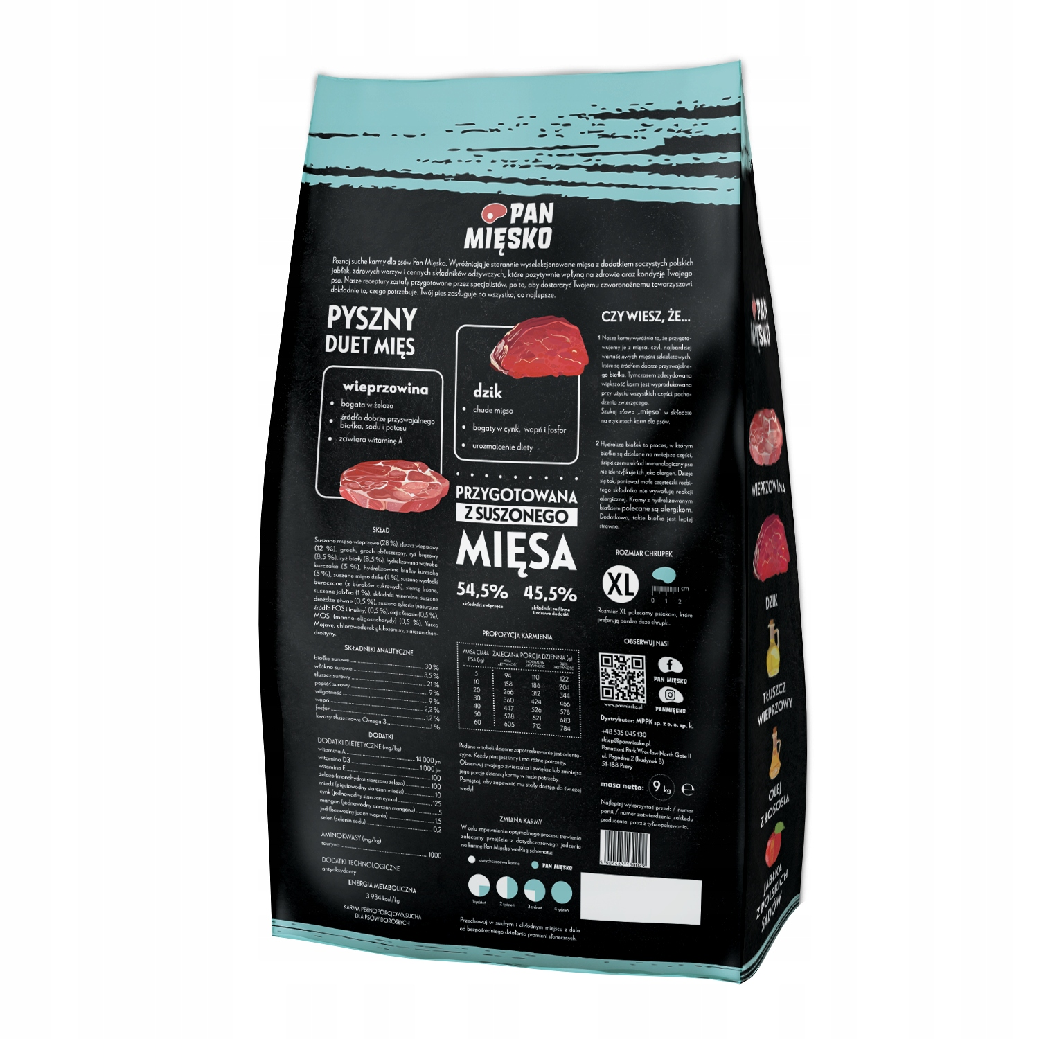 Opakowanie karmy dla psów z wizerunkami mięsa wieprzowego i dziczyzny, składnikami i informacjami.